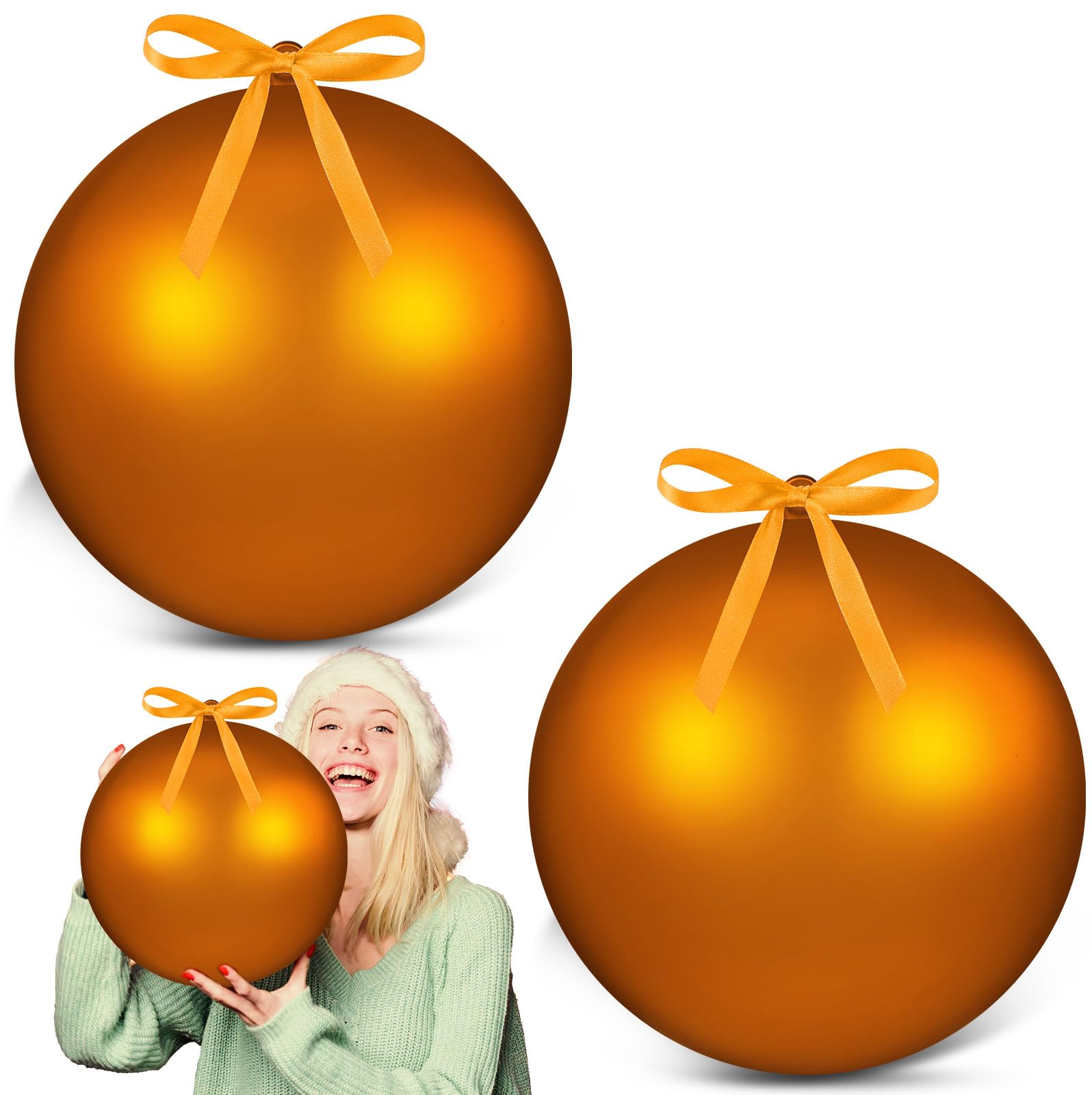 Zubebe 2 Pcs 8" Giant Fillable Christmas Ornaments with Ribbons Oversized Plastic Xmas Balls for Outdoor Lawn Yard Decor, Tree Hanging, Holiday Gifts(Matte Orange)