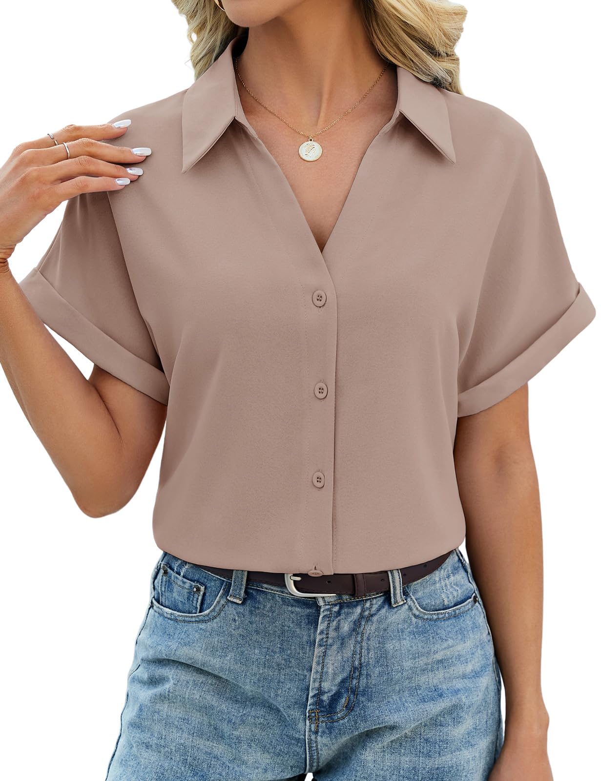 HEEKPEK Chemise Femme Manche Courte Chemisier Chic et Élégant Blouse Manches Chauve-Souris Haut Été Col en V Tunique avec Boutons T-Shirt Ample Tops D'été pour Décontractés Travail