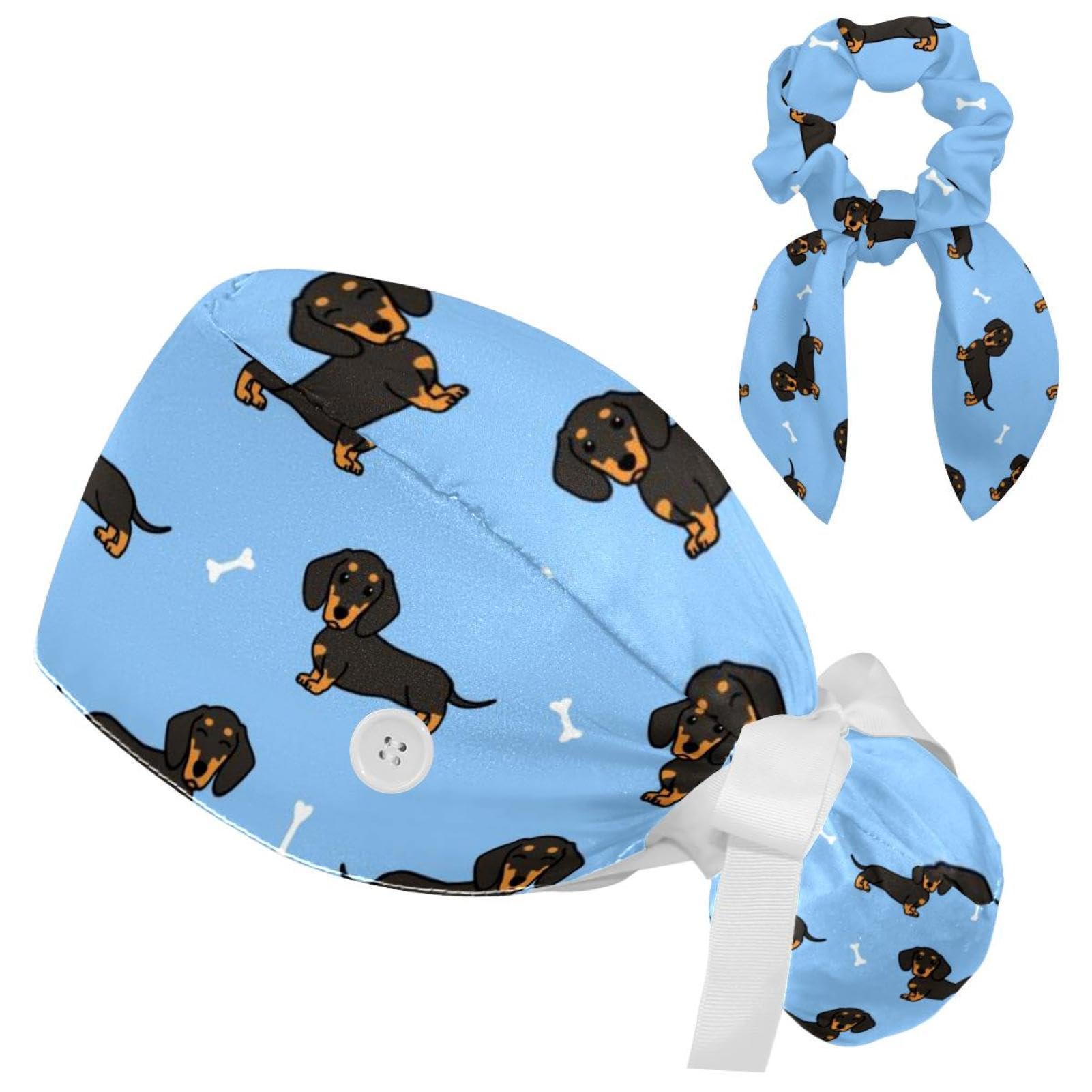 Cute Dachshund Dog Scrub Caps for Women Surgical Caps Nurse Hat with Bow Hair Scrunchy