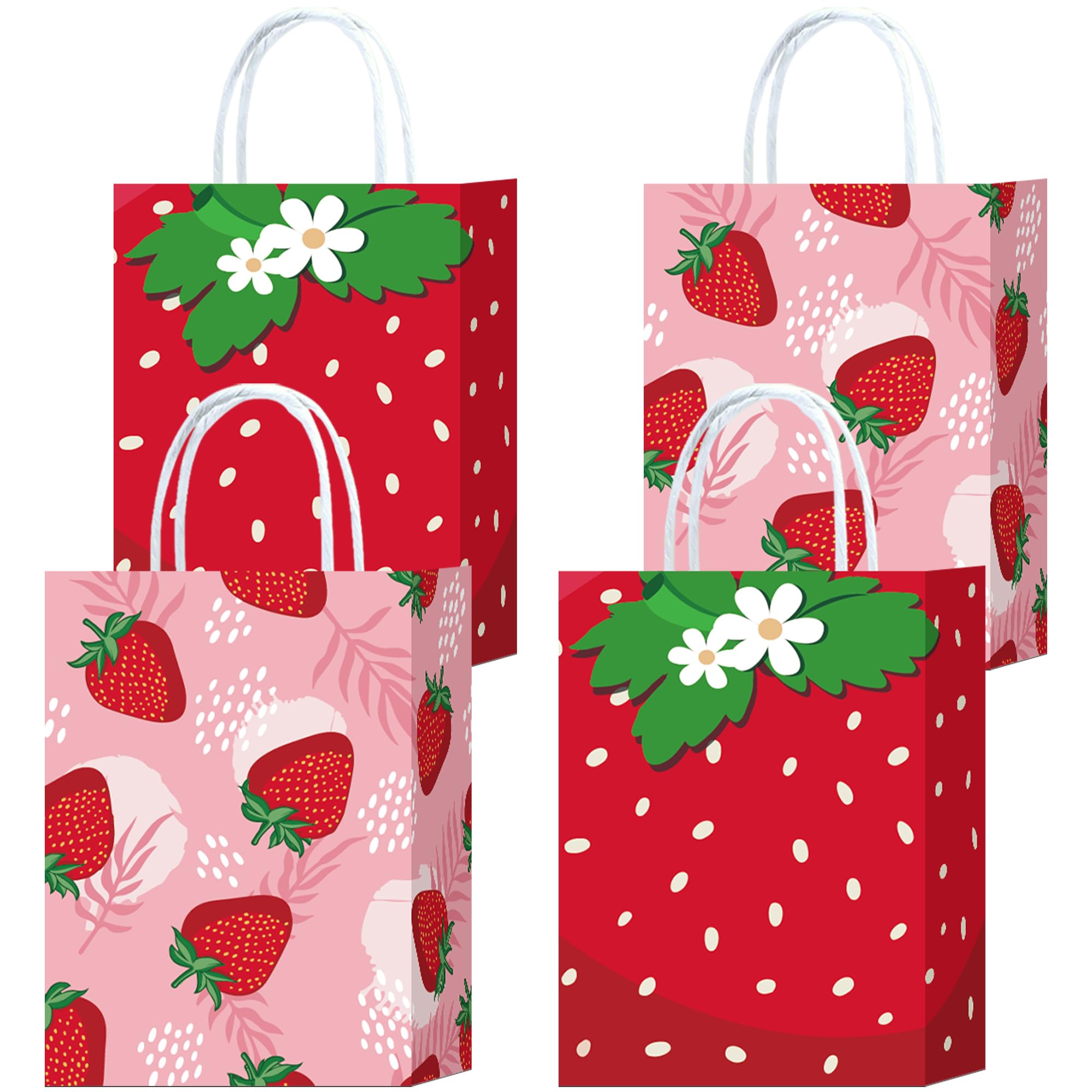 W WINTMINGW WINTMING 16Pcs Strawberry Party Favor Bags Pink Red Paper Gift Bags with Handles Cute Candy Bag Goodie Bag for Summer Fruit Party Decoration