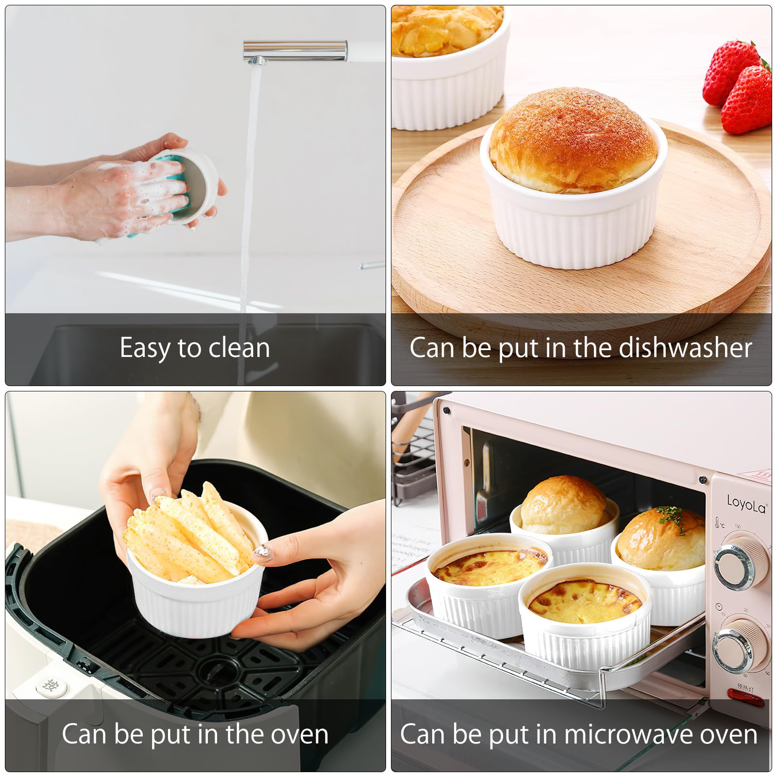 Set di 8 Stampi per Soufflé, stampi lavabili in lavastoviglie in ceramica Pirottini da Soufflé in Ceramica di 200 ml Bowl in Ceramica Bianca per Soufflé, Tortino al Cioccolato, Budini