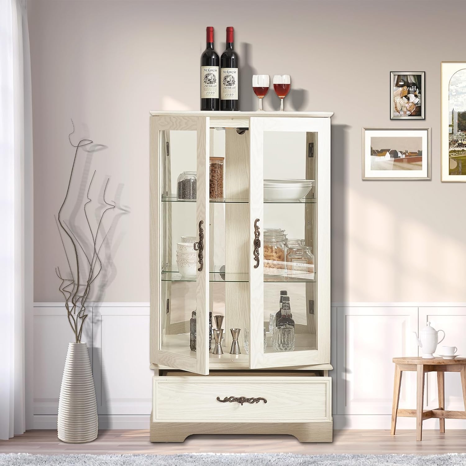 Curio Cabinet with Lighted(Light Blub Included),Tall Leg Glass Door Antique Cabinet,47"Curio Display Cabinet with 3-Tier Adjustable Glass Shelves,Curio Display Cabinet for Living Room (Light Oak)