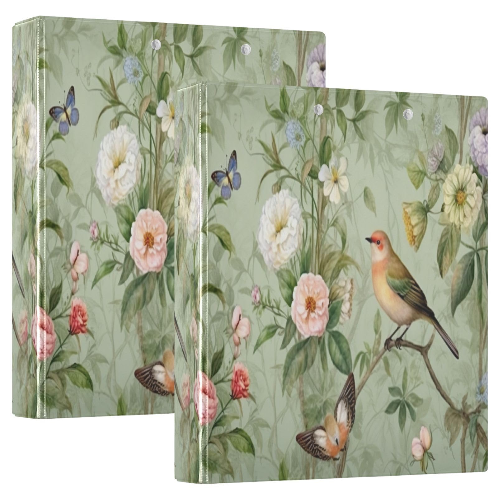 FLildon Spring Birds Floral 3 Ring Binders, Round Rings, Holds 200 Sheets, 1.5 Inch 3 Ring Binders with 3 Interior PVC Clear Pockets and Anti-Slip