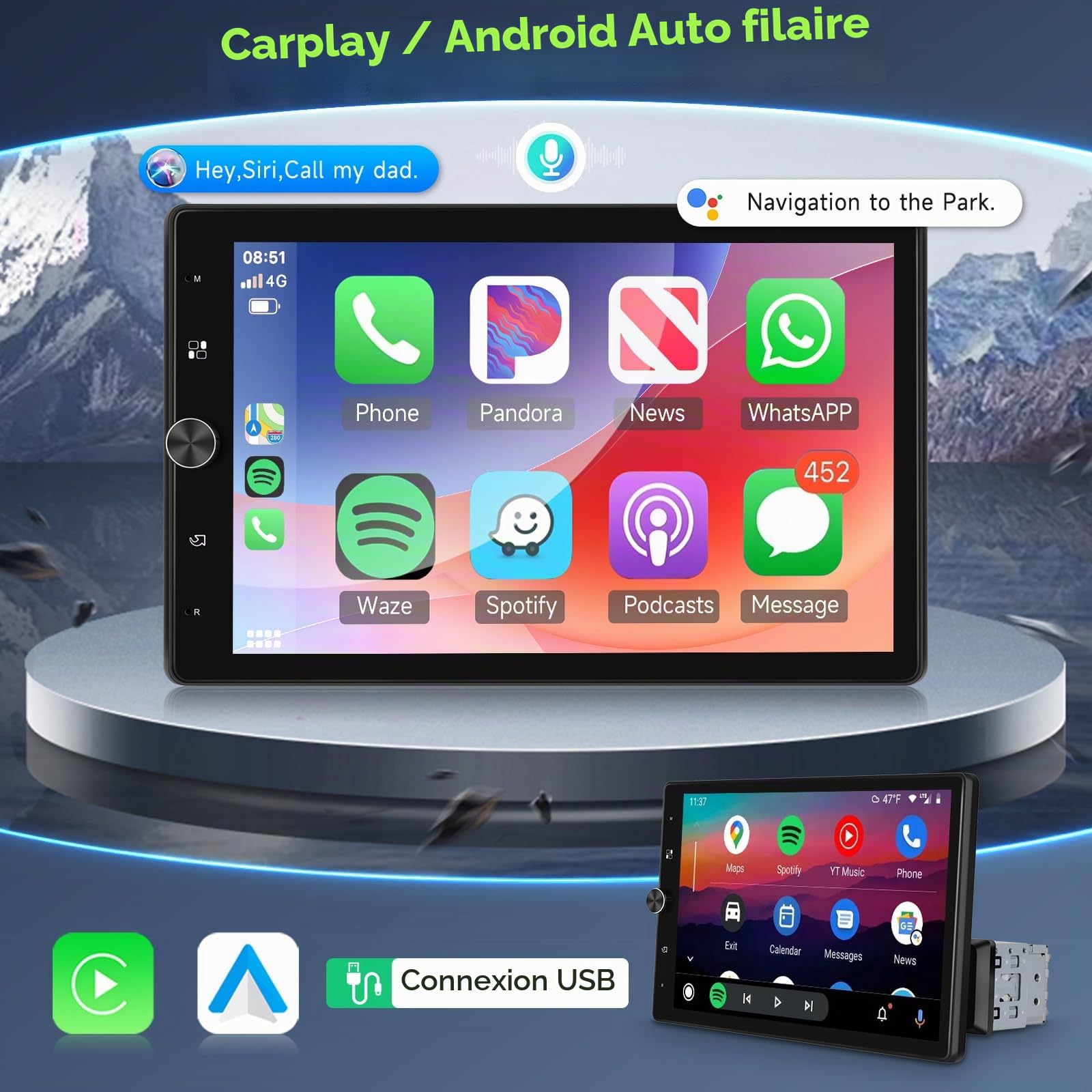 VECHTEL Autoradio 1 Din avec Carplay Android Auto Câblé, Écran Tactile Rotatif Manuel de 10.4 Pouces Autoradio Bluetooth, Radio FM, Mirror Link, 2 USB, Caméra de Recul