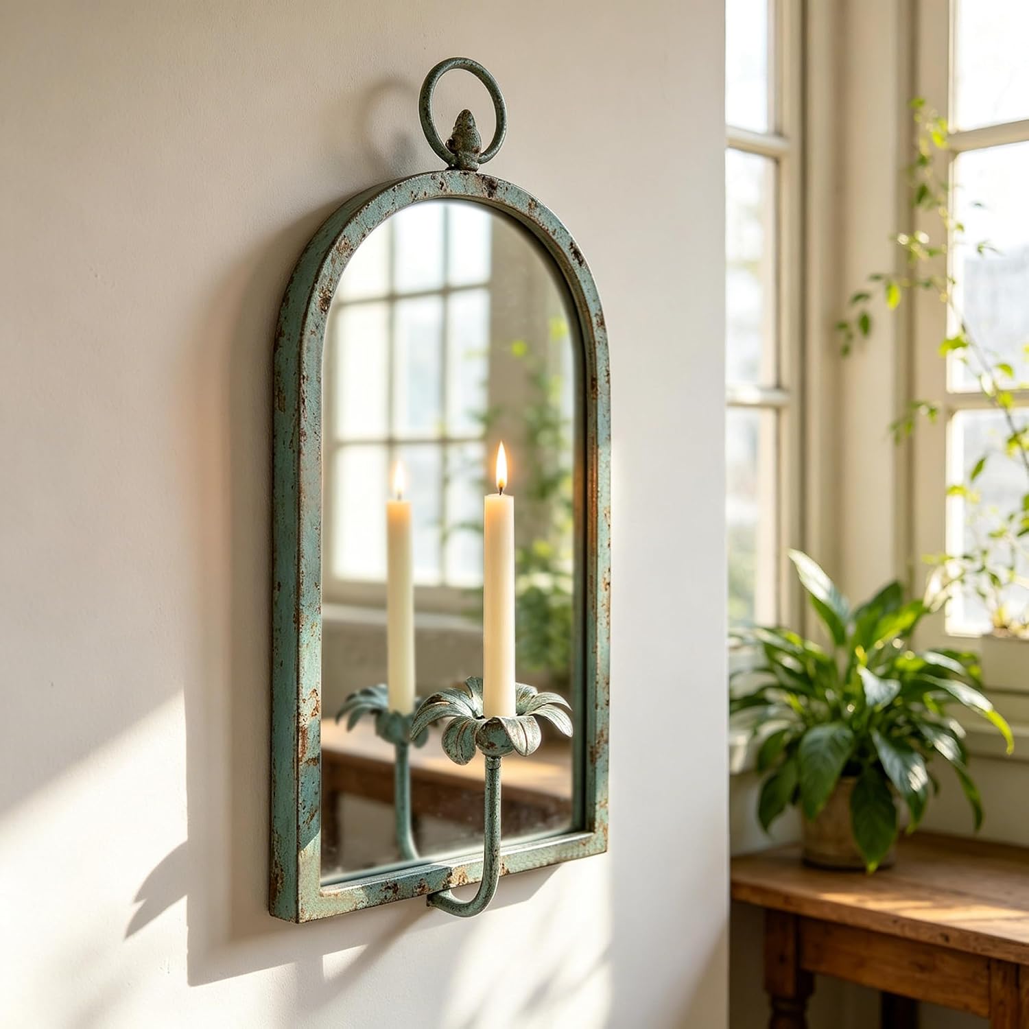 Vintage Wall Candle Sconce with Arch Mirror, Distressed Green Heavy Metal Wall Candle Holder Fits 0.86" Taper Candles, Rustic Farmhouse French Country Decor for Mantel Bathroom Bedroom Entryway