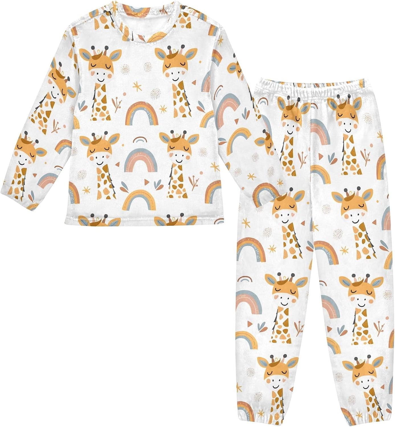 Kids Flannel Sets Cute Smiling Giraffe Rainbow Warm Plush Relaxed Clothing for Boys and Girls