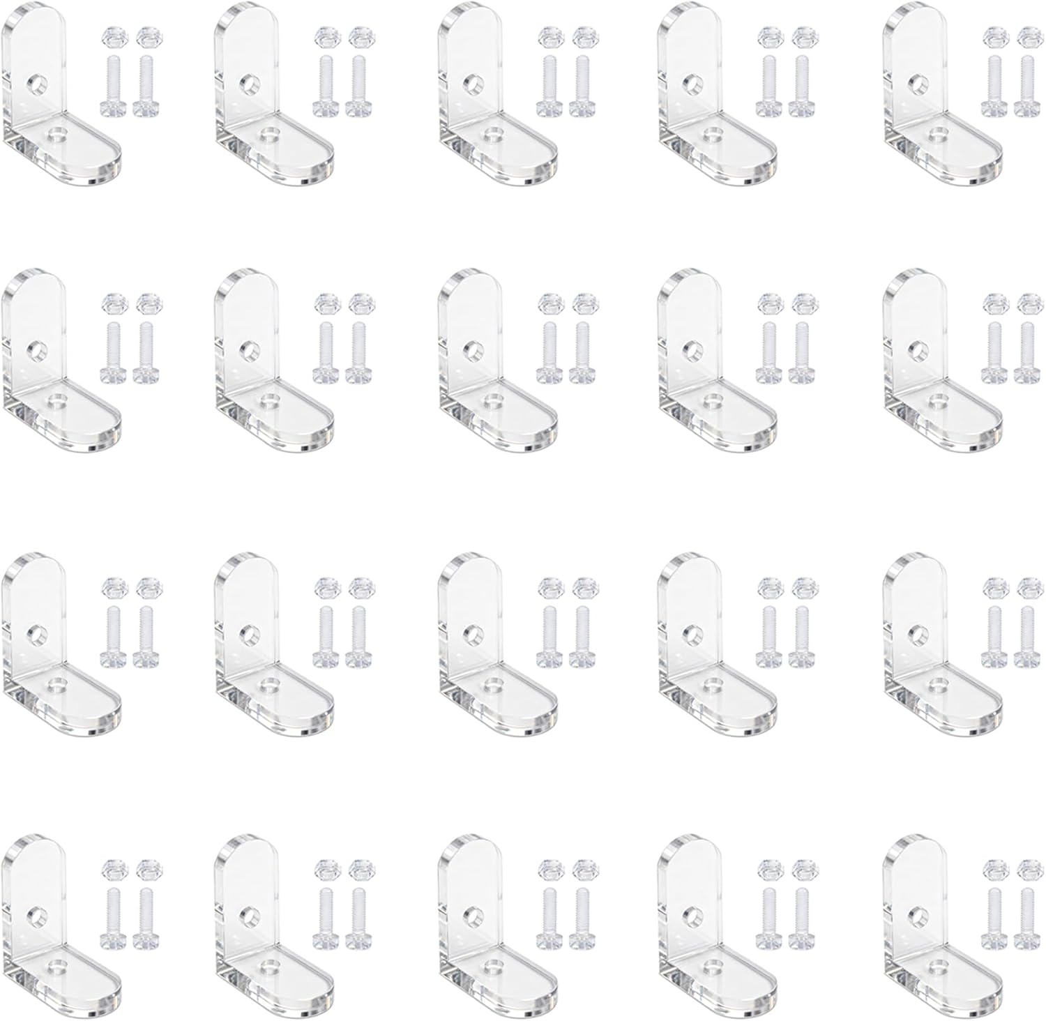 20Pcs Clear Acrylic Corner L Bracket 90 Degree Right Angle Brackets Support Shelf Corner Brace with Screws Nuts for Furniture Shelves Acrylic Wooden Boxes Boards Cabinets Display Racks