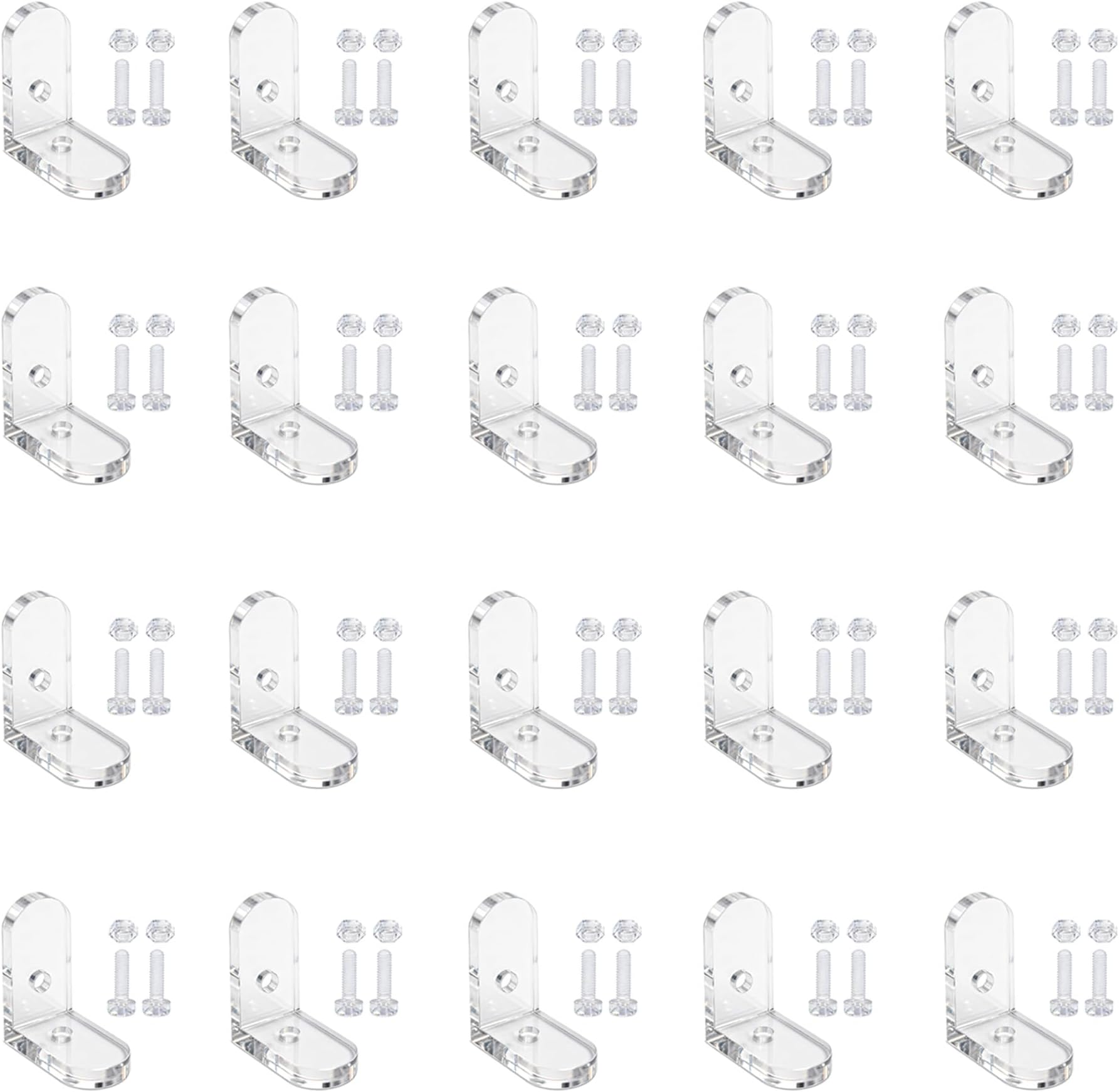 20Pcs Clear Acrylic Corner L Bracket 90 Degree Right Angle Brackets Support Shelf Corner Brace with Screws Nuts for Furniture Shelves Acrylic Wooden Boxes Boards Cabinets Display Racks