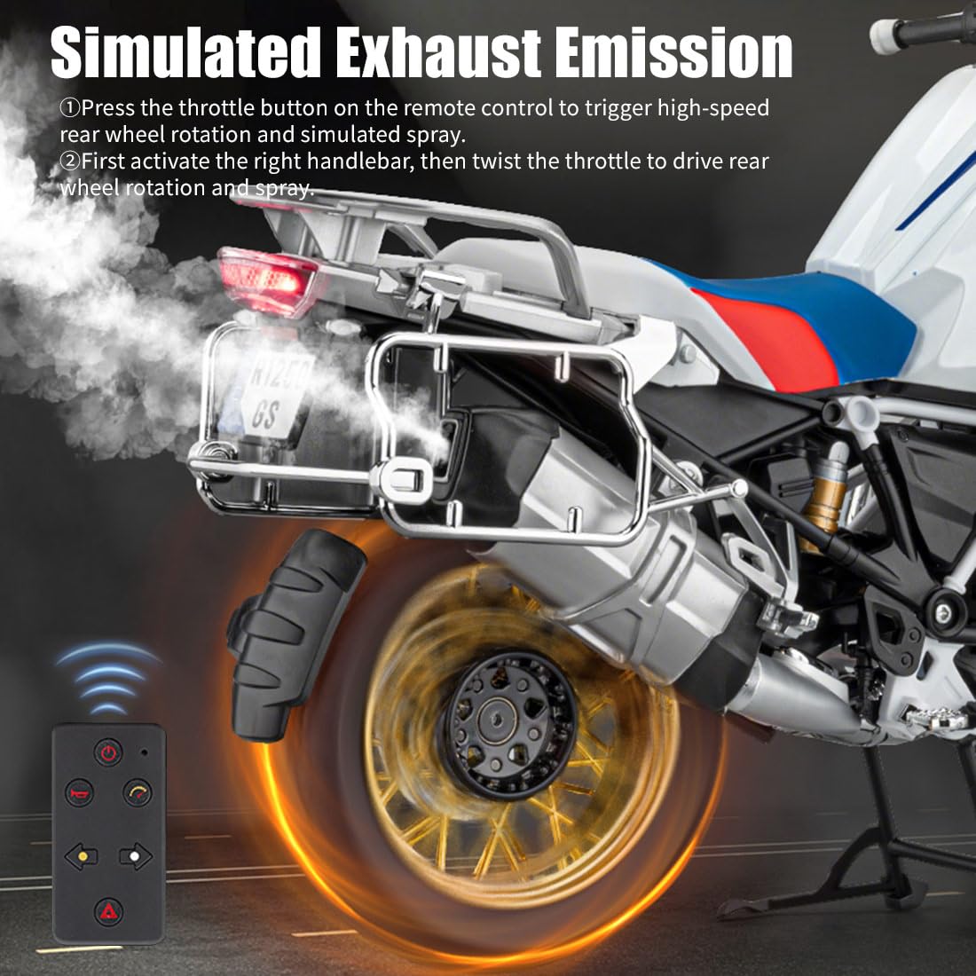 Moto RC in lega 1/6, modello di moto con telecomando a funzione completa con luci, suono, spray di scarico, trazione posteriore, motocicletta in scala realistica RTR(R1250GS nero)