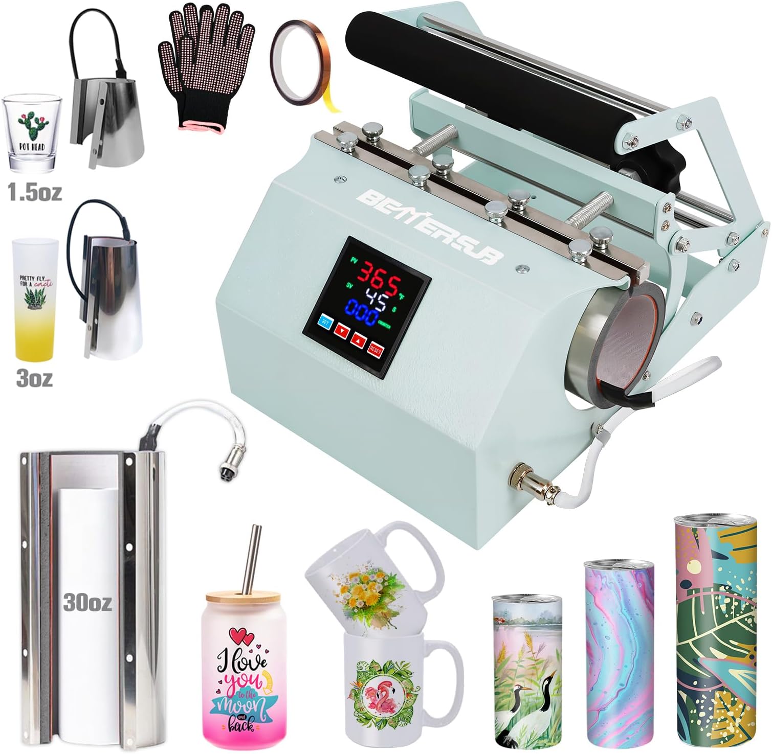 BetterSub 3in1 Tumbler Mug Heat Press Machine 30 OZ 20 OZ 16 OZ Sublimation Straight Skinny Tumbler Mug 3 OZ 1.5 OZ Shot Glass,11 OZ 15 OZ 16 OZ Sublimation Mug Heat Transfer (3in1 Teal)
