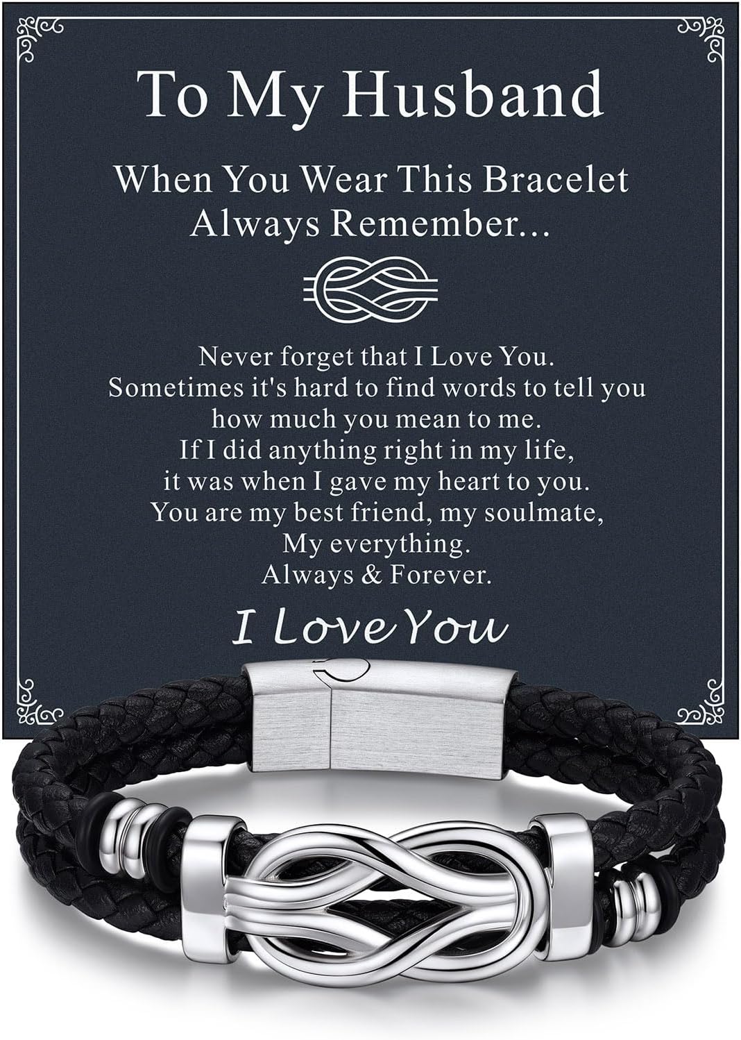 Bandmax Infinity Love Knot Bracelet for Men Black Leather Love Link Cuff Bracelet Mens Gifts for Father's Day Birthday Anniversary Christmas