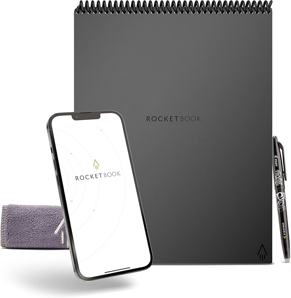 Caderno Rocketbook Flip, com 1 caneta Pilot Frixion e 1 pano de microfibra, tamanho Carta, cinza