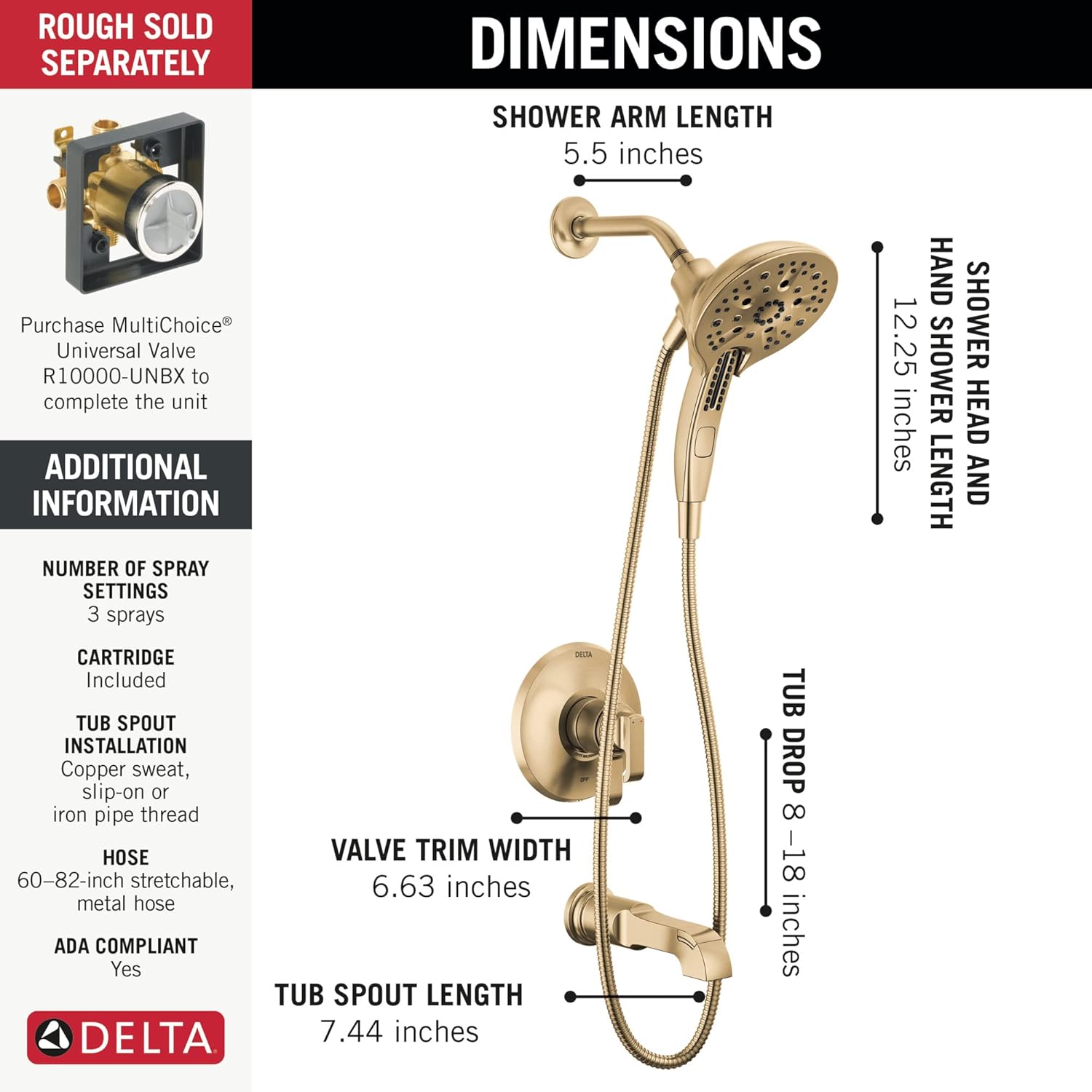 Delta Faucet Tetra 17 Series Dual-Function Gold Tub and Shower Faucet Set with In2ition 2-in-1 Shower Head with Handheld Spray, Lumicoat Champagne Bronze T17489-CZ-PR (Valve Not Included)