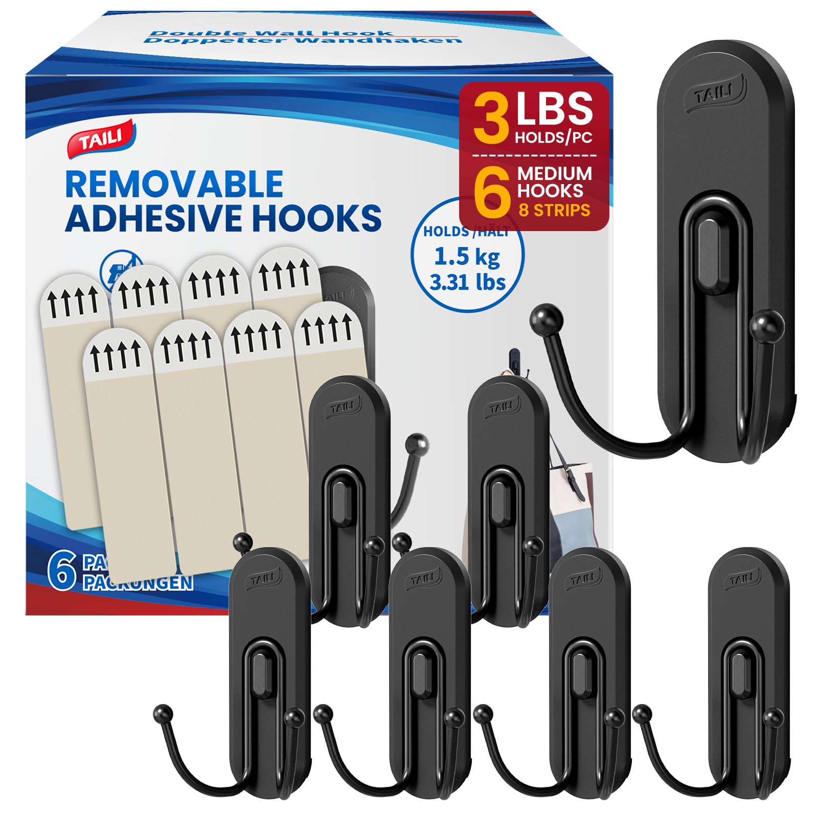 TAILI Adhesive Double Hooks for Hanging, 6 Coat Hooks &amp; 8 Strips, Black