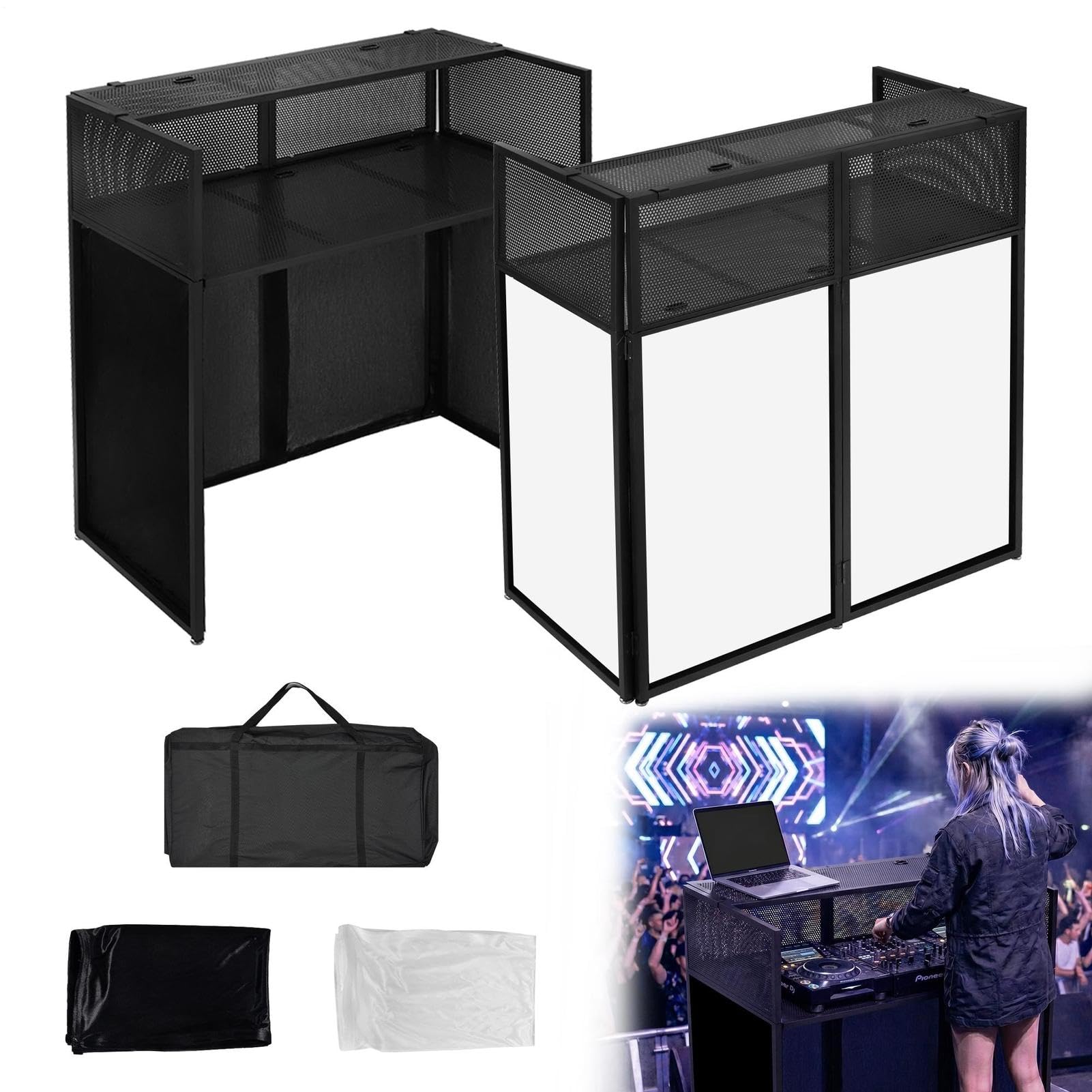 105x52x114 CM Table DJ pliable 90 kg, stand DJ avec tissu bicolore (4x noir/4x blanc) & housse 5 passe‑câbles et étagère pieds réglables pour concert mariage – transportable