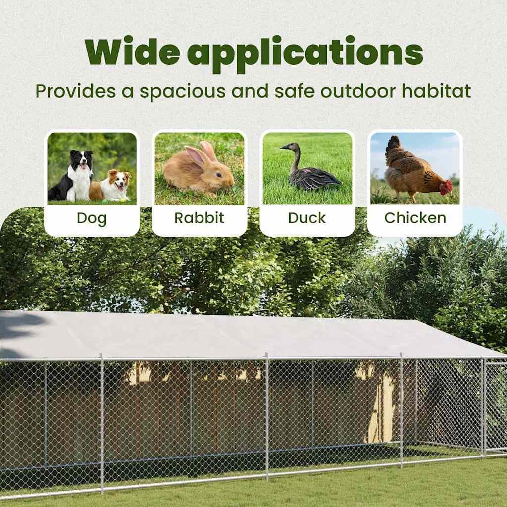 Image illustrating the dog cage's suitability for various animals including dogs, rabbits, ducks, and chickens.