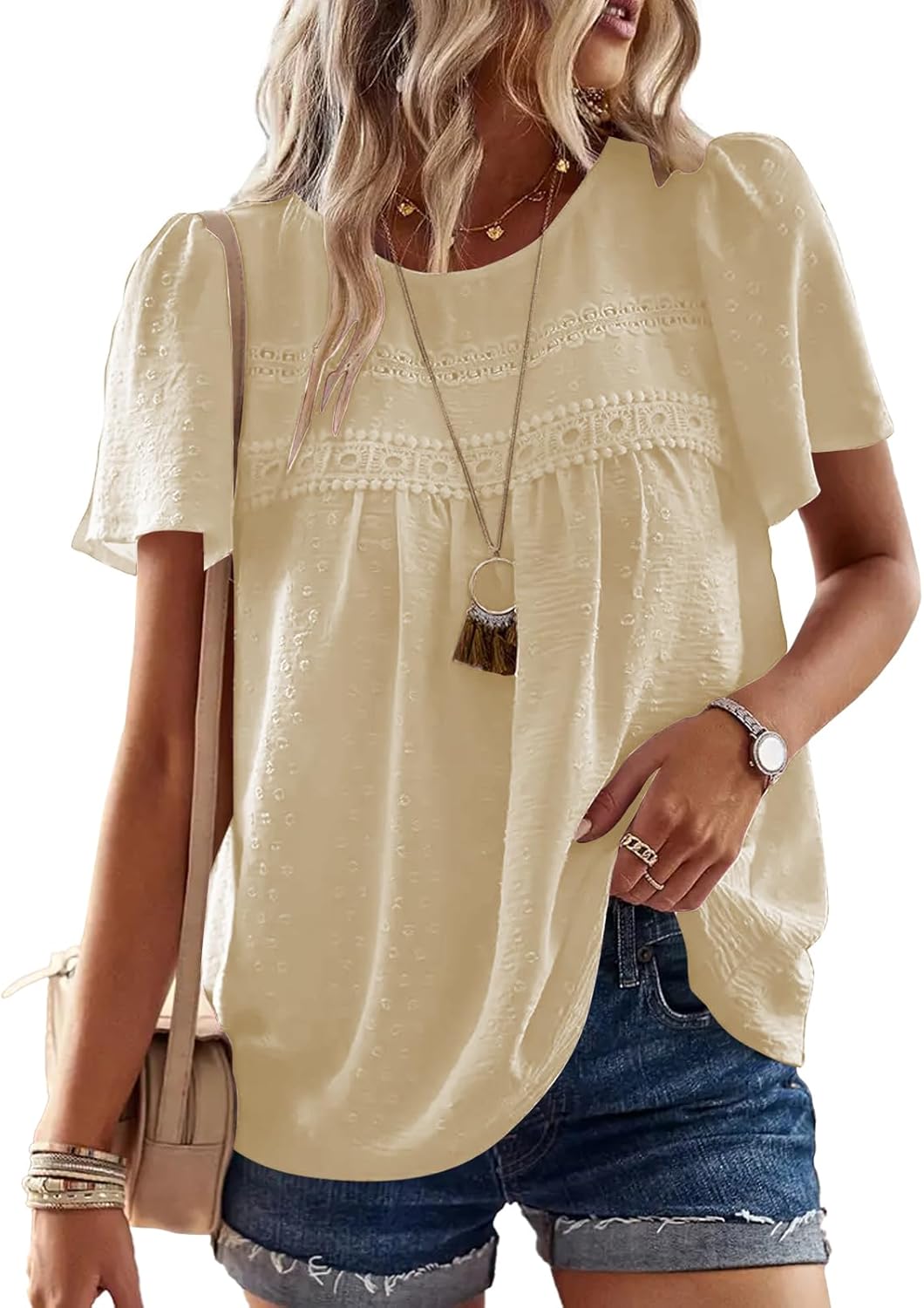 Poetsky Womens Summer Boho Tops Crewneck Short Sleeve Babydoll Shirts Casual Chiffon Work Blouses
