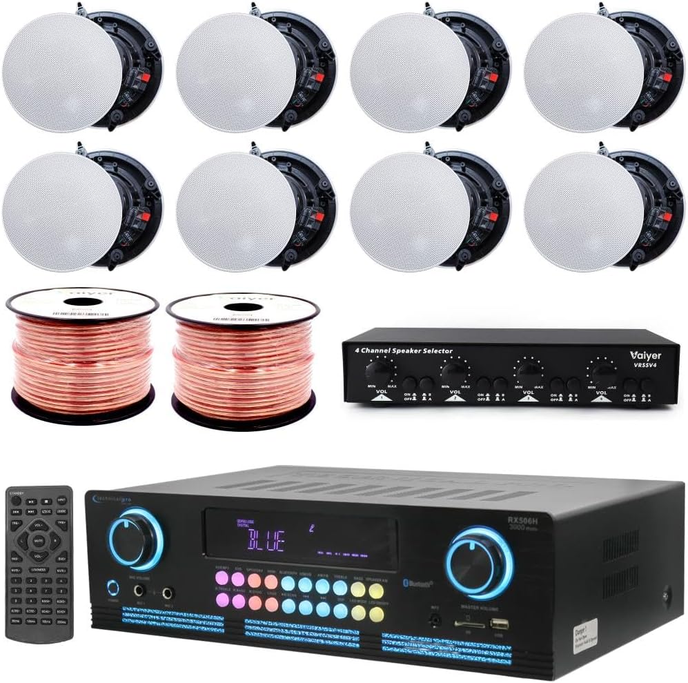 Home Theater Sound System Kit - 2000 W Bluetooth Amplifier w/ 8 Qty of 5.25" Frameless Ceiling Speakers 175 W Each, 4-Ch Speaker Selector w/Volume Control, 500 ft Speaker Wire & Remote - Vaiyer