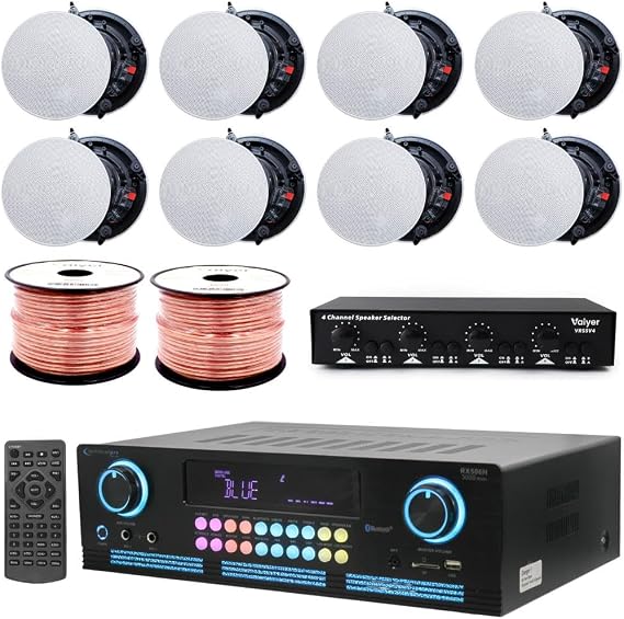 Home Theater Sound System Kit - 2000 W Bluetooth Amplifier w/ 8 Qty of 5.25 Frameless Ceiling Speakers 175 W Each, 4-Ch Speaker Selector w/Volume Control, 500 ft Speaker Wire & Remote - Vaiyer
