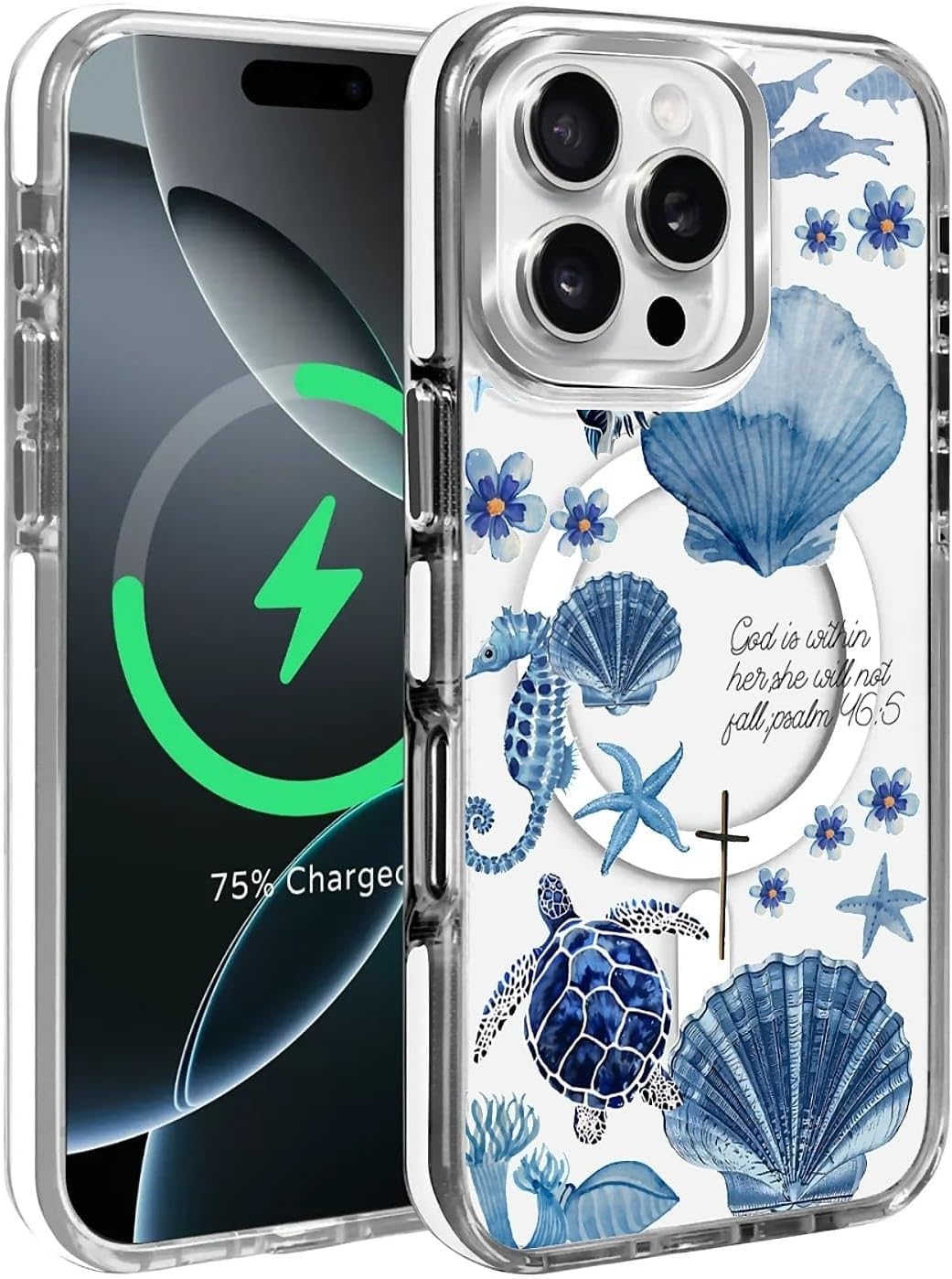 for iPhone 16 Pro Case, Clear with Ocean Turtle Shell Collage Pattern Campatible with Magsafe Soft Protective Case for Women Girl (White) - Image 2