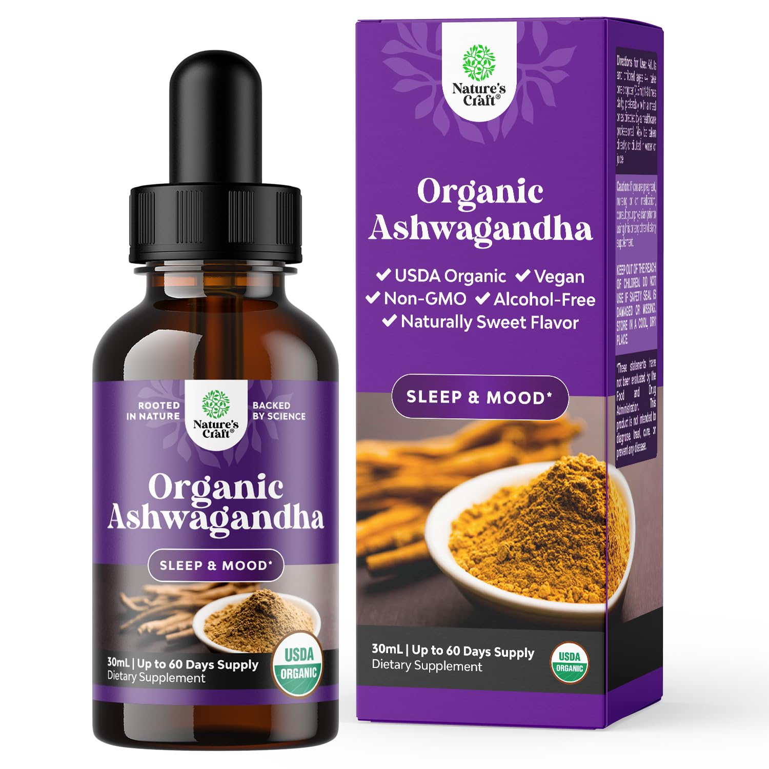 USDA Organic Ashwagandha Liquid Drops - Ashwagandha Root Extract for Stress and Mood Support - Delicious Pure Adaptogen Drops for Adults - Alcohol-Free Herbal Tinctures for Rest - 30 ml BottleUSDA Organic