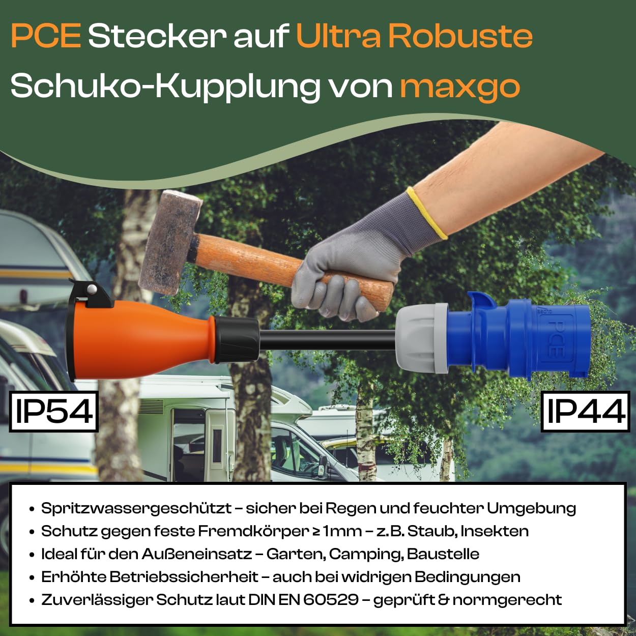 CEE auf Schuko Adapter 15m Camping Stromkabel PCE H07RN-F 3x1,5 Landstromkabel Wohnmobil Wohnwagen Kabel Camping Adapter 15 Meter Strom Verlängerungskabel CEE-Stecker Campingstecker