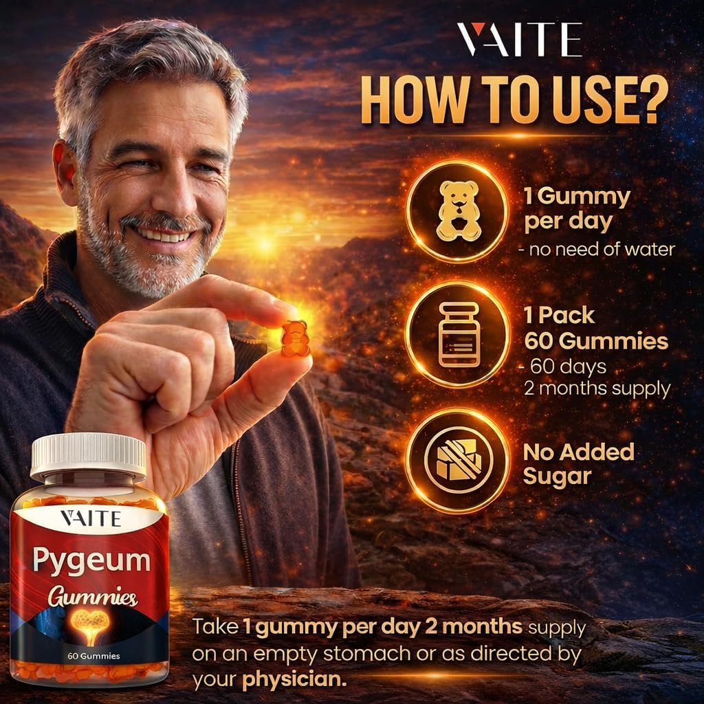 VAITE Pygeum Supplement Gummies 500mg - Vegan Chewables with Africanum Bark Extract, Plant-Based Supplements for Male, Non-GMO Gluten-Free, Sugar-Free, Gelatin-Free, 60 Chews Gummy
