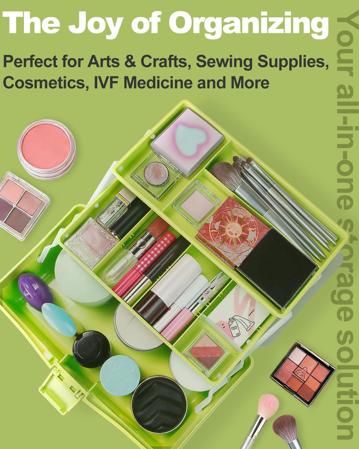 12in 3-Layer Plastic Craft Organizers and Storage, Portable Folding Tackle Box with Handle & Adjustable Dividers, Multipurpose Case for Sewing, Art Supplies, Medicine, Tools (Green) - Image 6