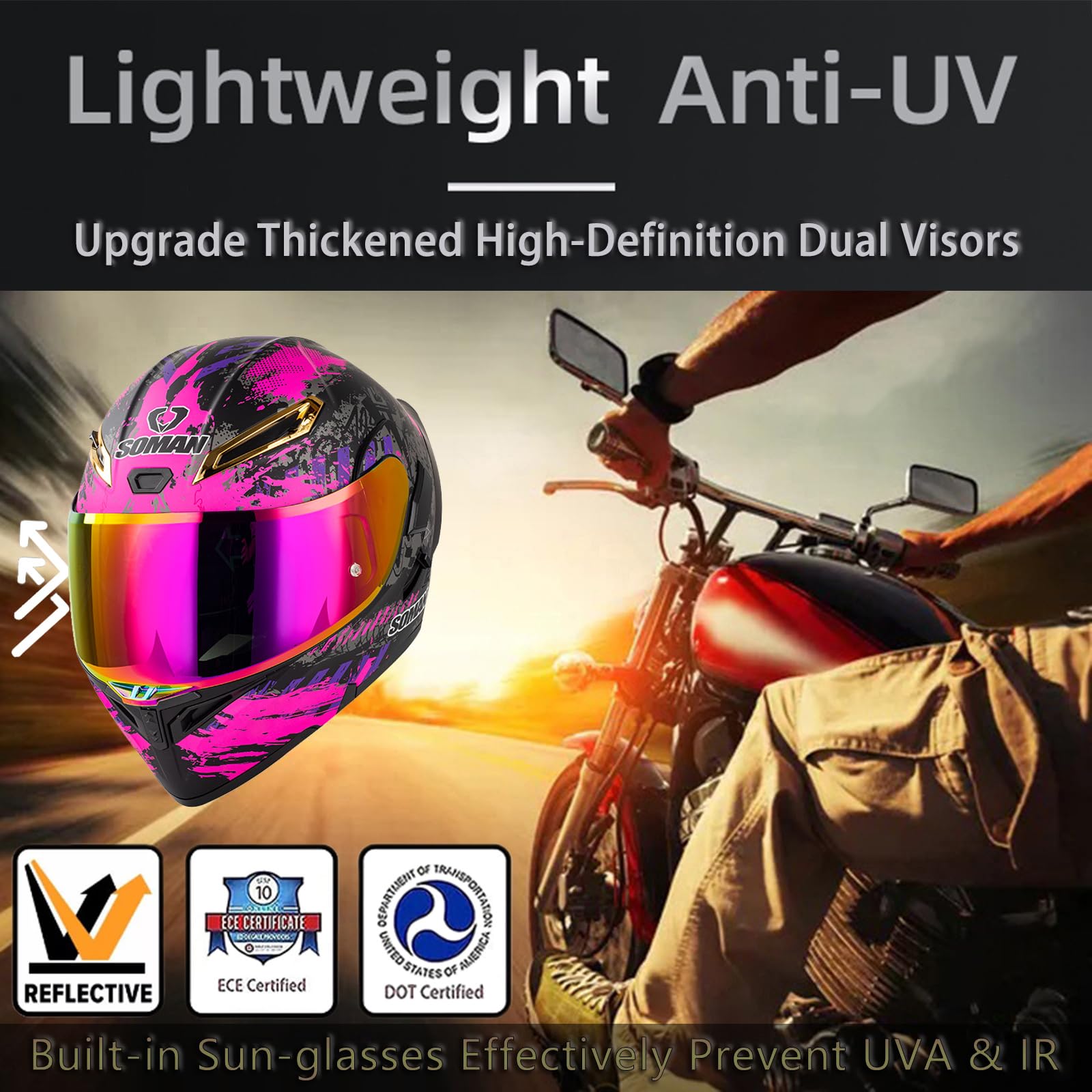 Casco Modulare Moto con Doppia Visiera REVO Lente a Colori Casco Moto Integrale Omologato ECE con Visiera Doppia AntiGraffio Caschi Moto Modulari Uomo e Donna,Purple-M(57~58cm)