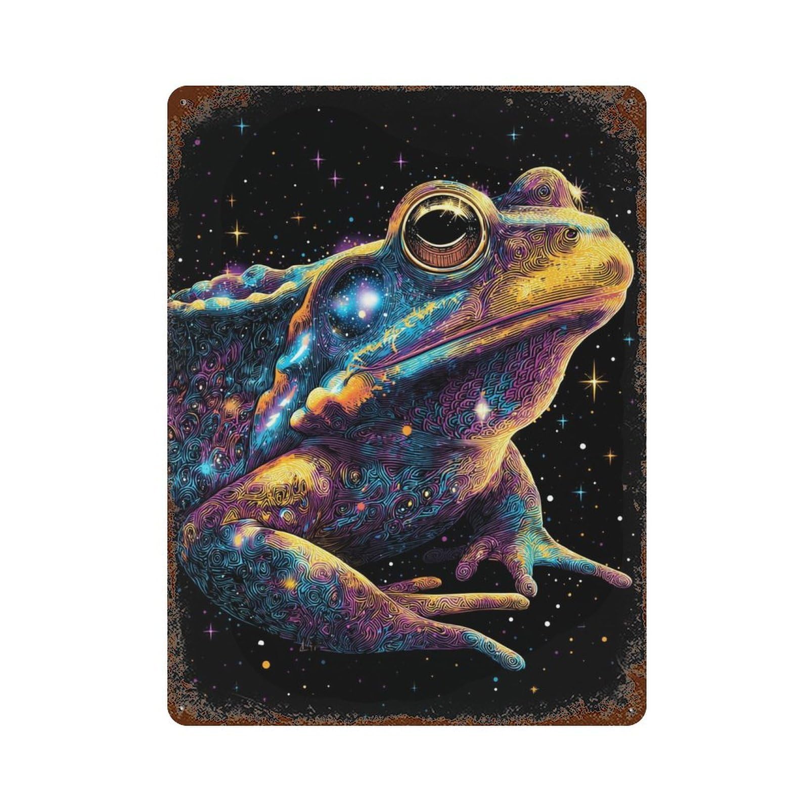 Rust Effect Cosmic Frog Art Print Vintage Metal Tin Sign 15.7"x11.8", Vintage Wall Decor for Office, Studio And Wall Decor