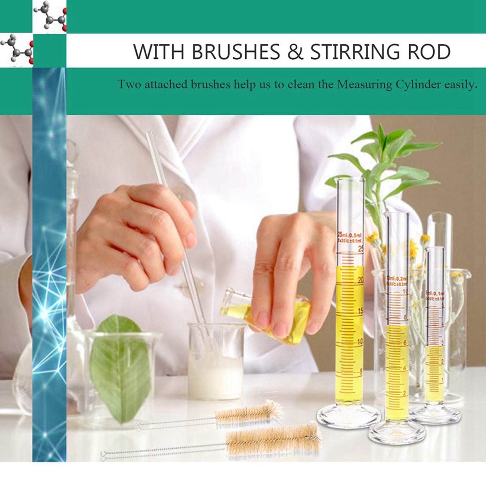 3X Glas Mess Zylinder Set, Premium Borosilikat Zylinder Kit mit 9 Pipetten + 6 Bürsten + 3 RüHr Stab