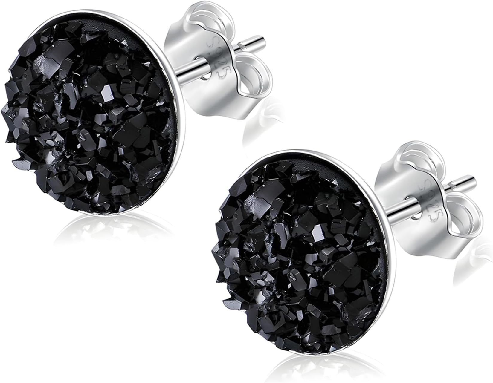 925 Sterling Silver Stud Earrings,Black Purple Blue 8 Color Options Silver Stud Earrings,Round Druzy Earrings Hypoallergenic for Women Men