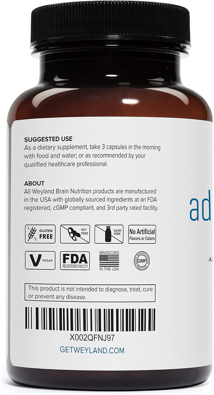 Weyland Brain Nutrition Adrenal​ Support, Adrenal Cortex Supplement for Stress Relief and Adrenal Fatigue, 90 Vegetarian Ashwagandha Capsules for Adrenal Health Daily Support