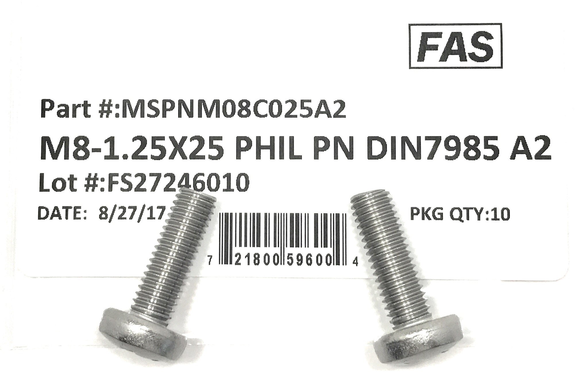 M8-1.25 x 25 Stainless Steel Phillips Pan Head Machine Screw 
