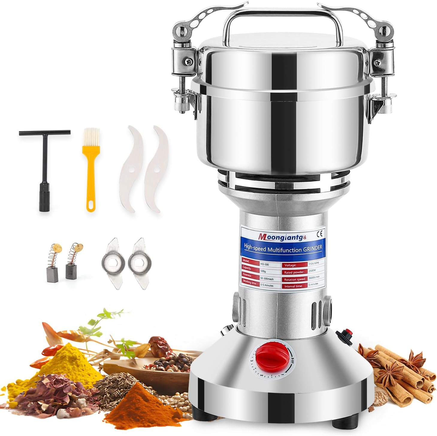 Moongiantgo 500g Grain Grinder Mill Electric Spice Grinder 2500W High-speed Grinding Machine 50-300 Mesh Stainless Steel 110V Pulverizer Dry Grinder (Timer Switch)