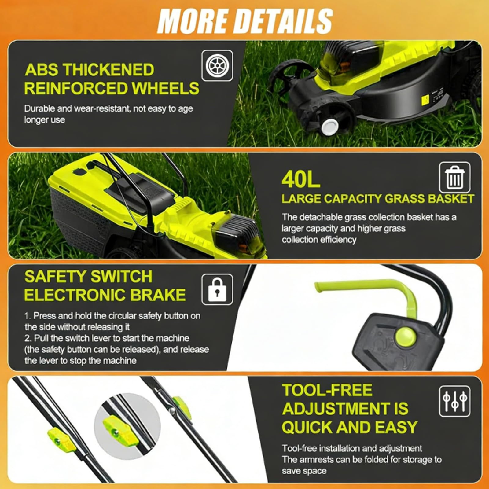 Cordless Electric Lawn Mower, 3400RPM, 1600W Power, 3-Position Cutting Height Adjustment, 33cm Cutting Width for Garden and Park Use