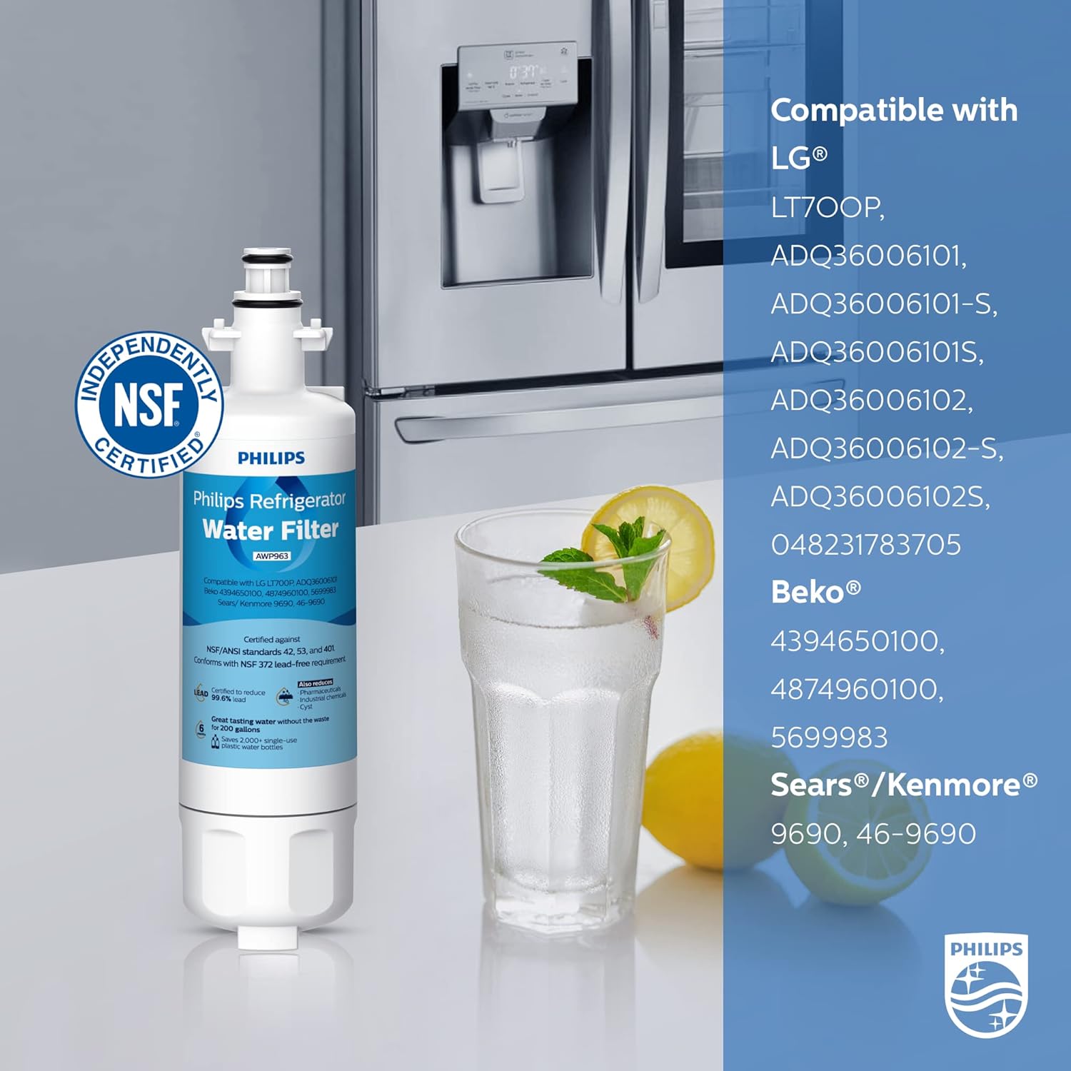 Philips AWP963 NSF/ANSI Certified Refrigerator Water Filter Replacement for LG®: LT700P, LFXS30766S, ADQ36006101, ADQ36006101-S, ADQ36006101S, ADQ36006102, Sears/Kenmore:9690, 46-9690, Pack of 3 AWP2772GNO/37 image 3 of 7 B09K42F35W