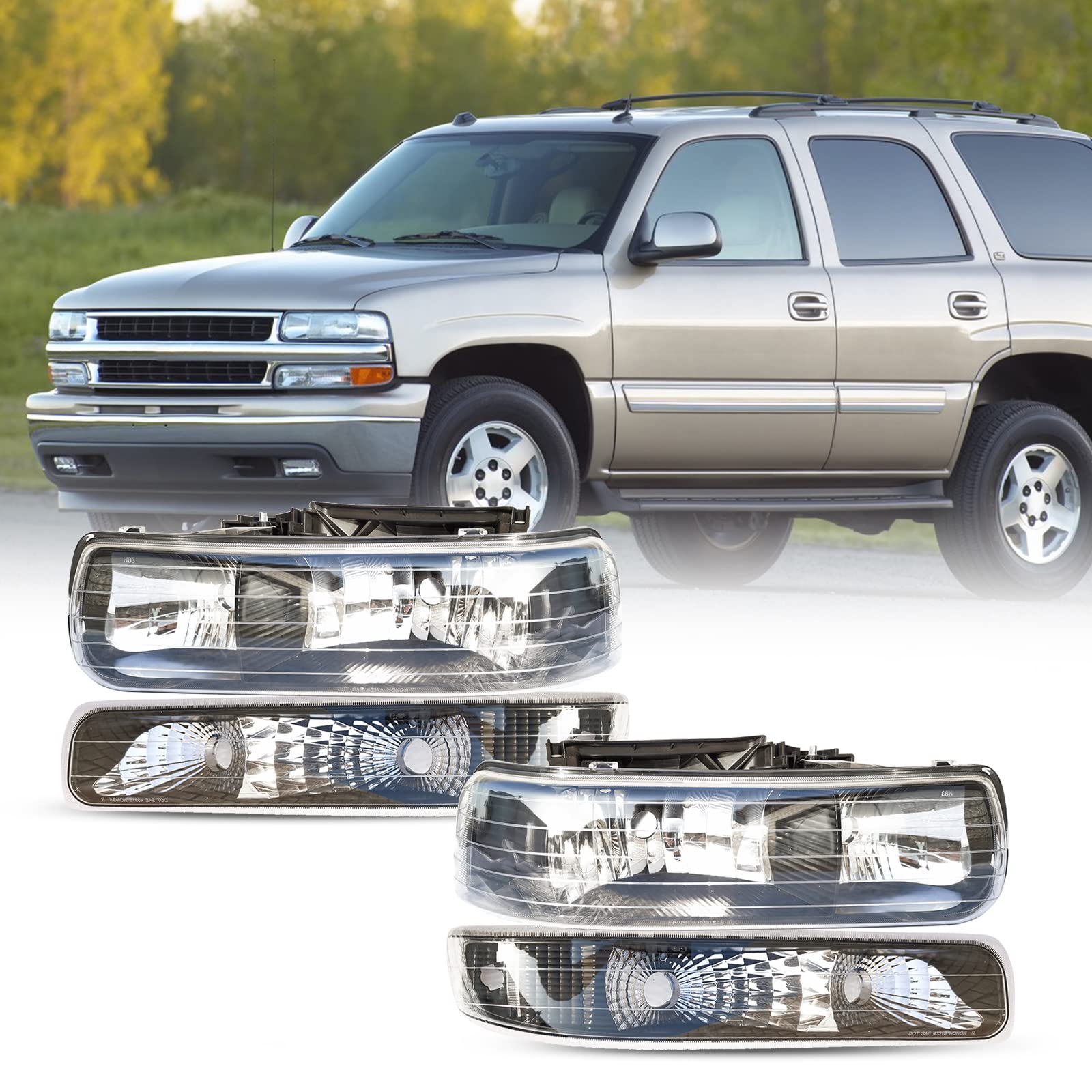 Headlight Assembly Compatible with 99-02 Silverado Compatible with 00-06 Suburban Tahoe Bottom Bumper Lights (Silverado & Suburban Tahoe (Black frame + white reflective sheet)