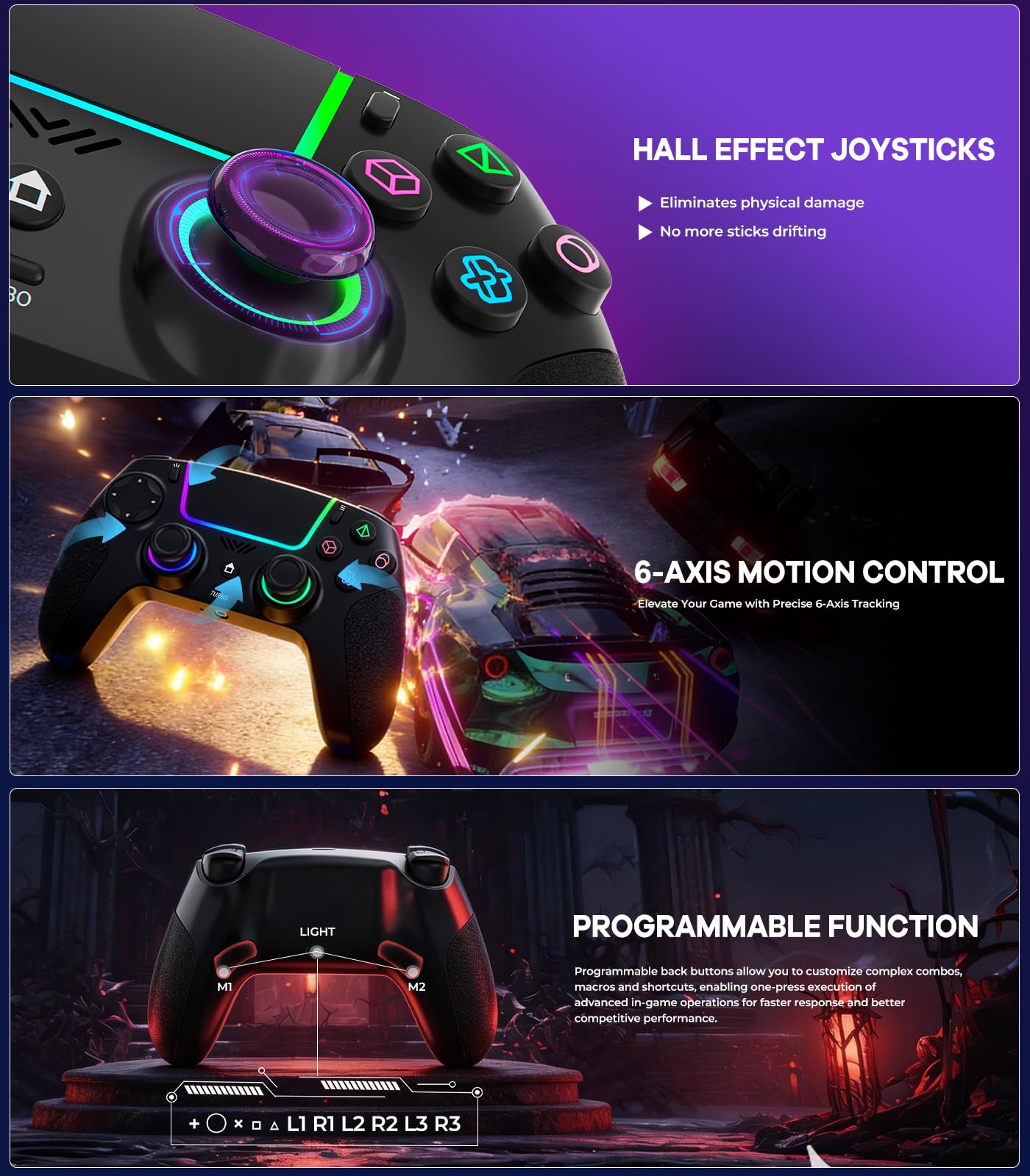 SZPACMATE Manette sans fil pour PS4/PS3/Switch/PC/iOS/Android/Steam Deck, avec 8 éclairage RGB/Joystick Effect Hall/Batterie 1000 mAh/Turbo/Double Vibration/Programmable/Poignées Antidérapantes
