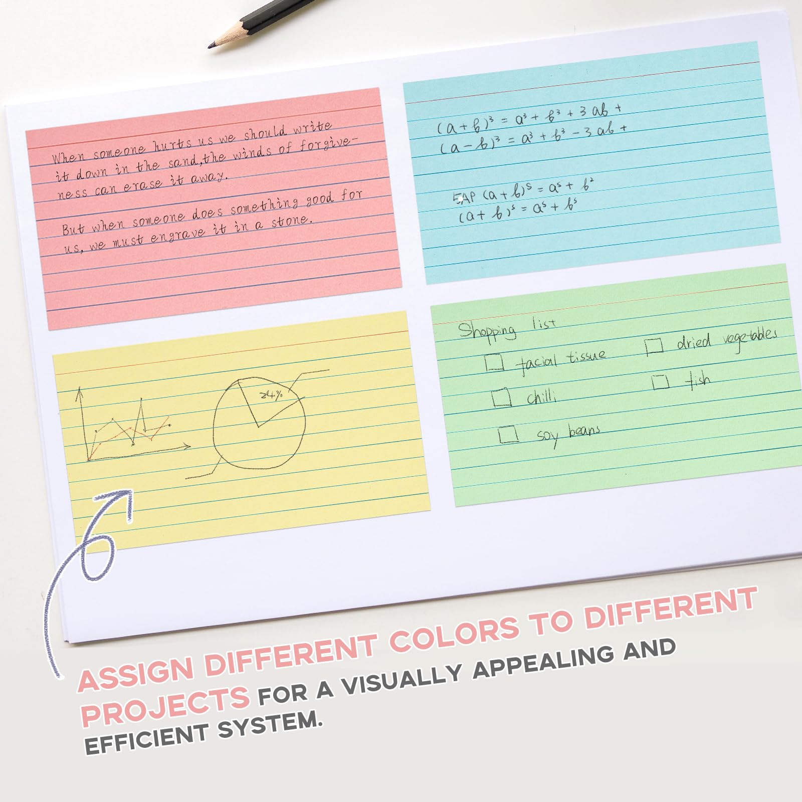 300 farbige Karteikarten, 12,7 x 20,3 cm, 4 farbige Notizkarten, einseitig liniert