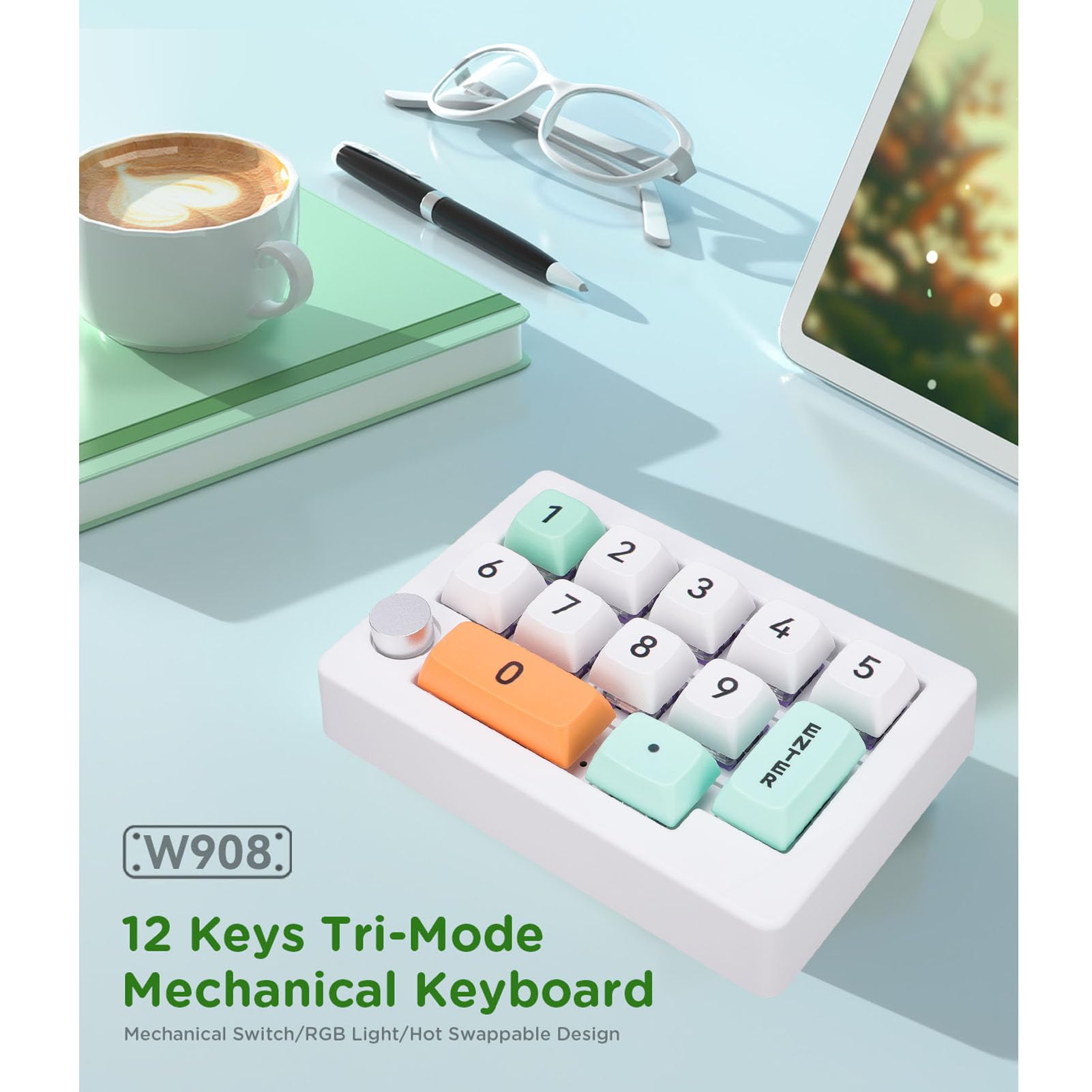 Pavé Numérique, Clavier Numérique Mécanique avec Rétro-éclairage RVB, Joystick et Bouton, 12 Clés Macro Programmable, BT 2.4g Wired Swap Numpad pour Le Travail de Jeu (White)