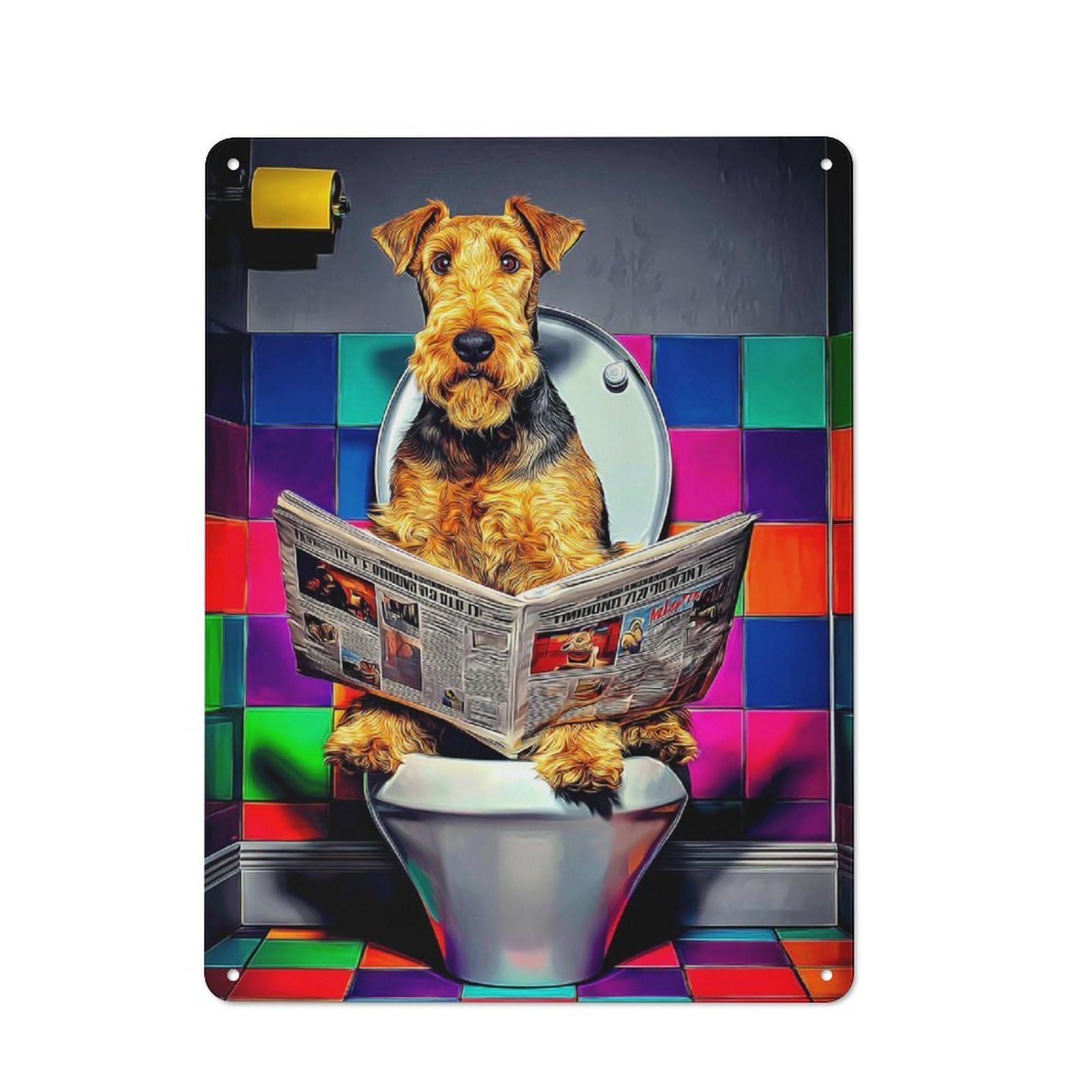 Junmoney Dog Reading Newspaper In Toilet Vintage Metal Sign 40X30cm For Lounge Or Reading Corner, For Garage, Workshop And Man Cave Decoration