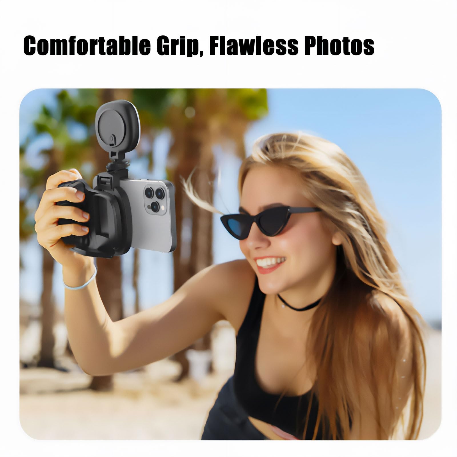 Poignée d'appareil photo pour téléphone avec anneau lumineux et télécommande Bluetooth amovible, déclencheur à distance TikTok, griffe pour lumière/micro, compatible avec iPhone et téléphone Android