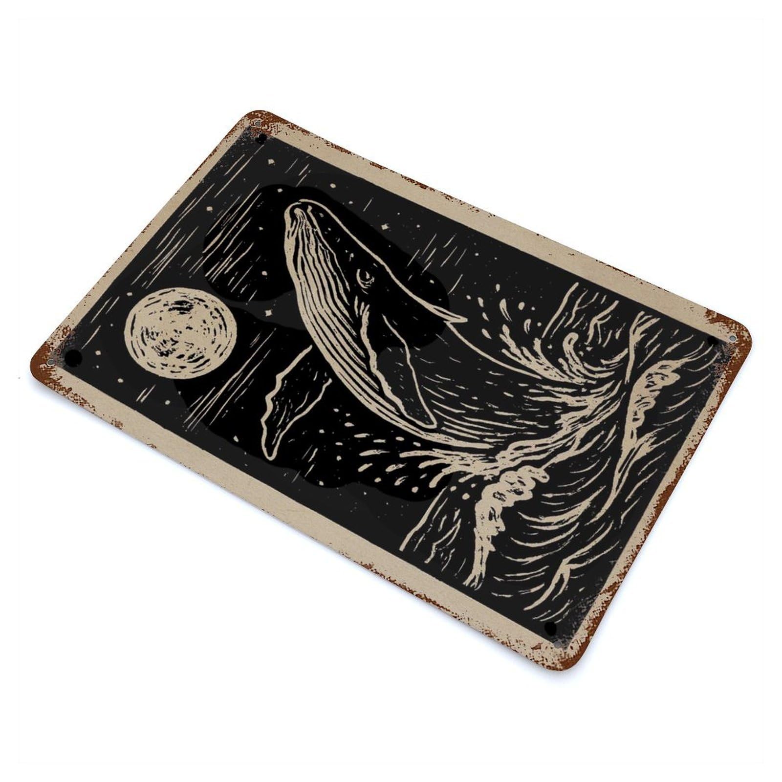 Retro Metal Sign with Whale Breaching at Night Linocut Art Design 11.8"x7.9", for Office, Studio And Wall Decor, Retro Wall Decor