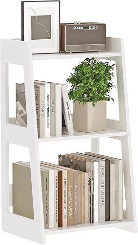 Miniatura 8 de Estante de escalera de baño de 3 niveles independiente, estantes de piso blancos, estantería abierta, mesita de noche pequeña para estudio en el