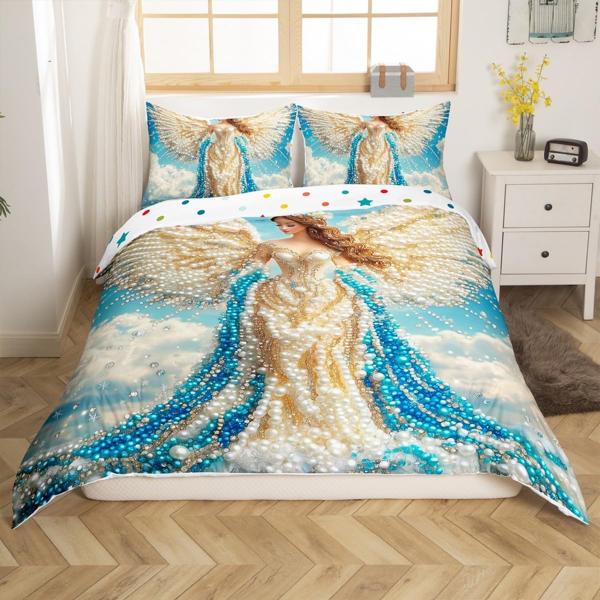 Erosebridal White Angel Duvet Cover Angel Wings Bedding Set,Dreamy 3D Printed Bed Cover Sacred Inspirational Bed Set Queen