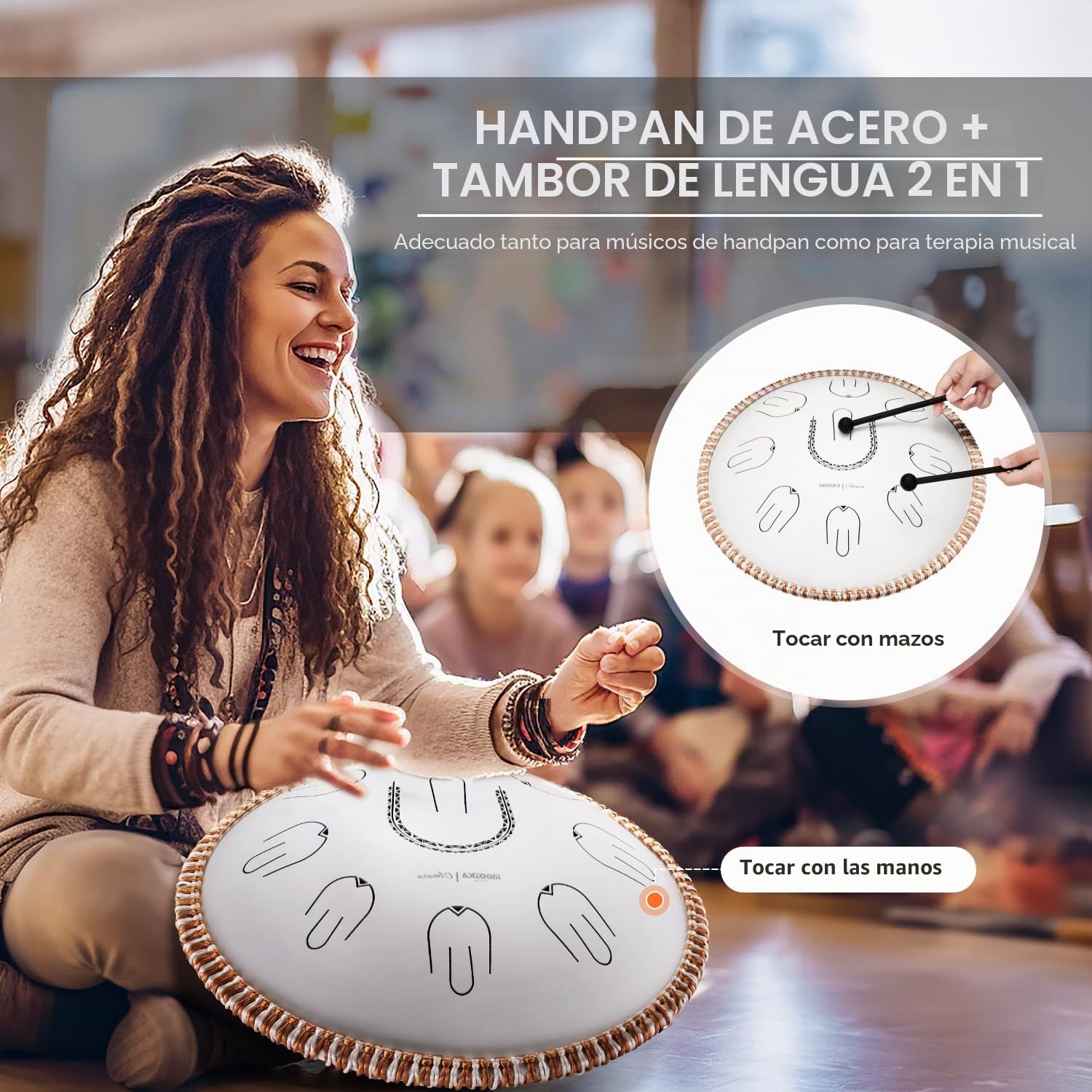 MOOZICA Tambor de lengua de acero Handpan, tambor de lengua de mano de escala Amara portátil de 14" con diseño de octava armónica, tambor de mano para principiantes y profesionales (Amara, blanco)