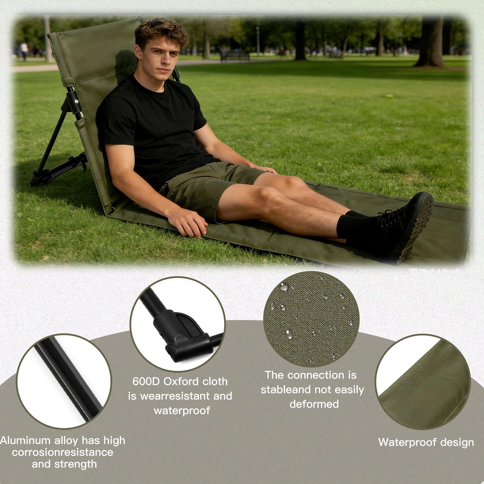 Sitzunterlage Outdoor mit Rückenlehne, Strandmatte Klappbar Leicht, Bodenstuhl Outdoor & Stadion Sitzkissen, Faltbare Liegematte für Strand, Camping, Picknick, Garten (Grün-108×40,5×41cm)