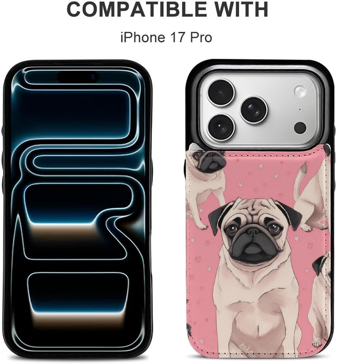 Wallet Cases for iPhone 17 Pro, Pug Dog Pink Background Prints Flip Leather Phone Case Cover with Card Slots Holder