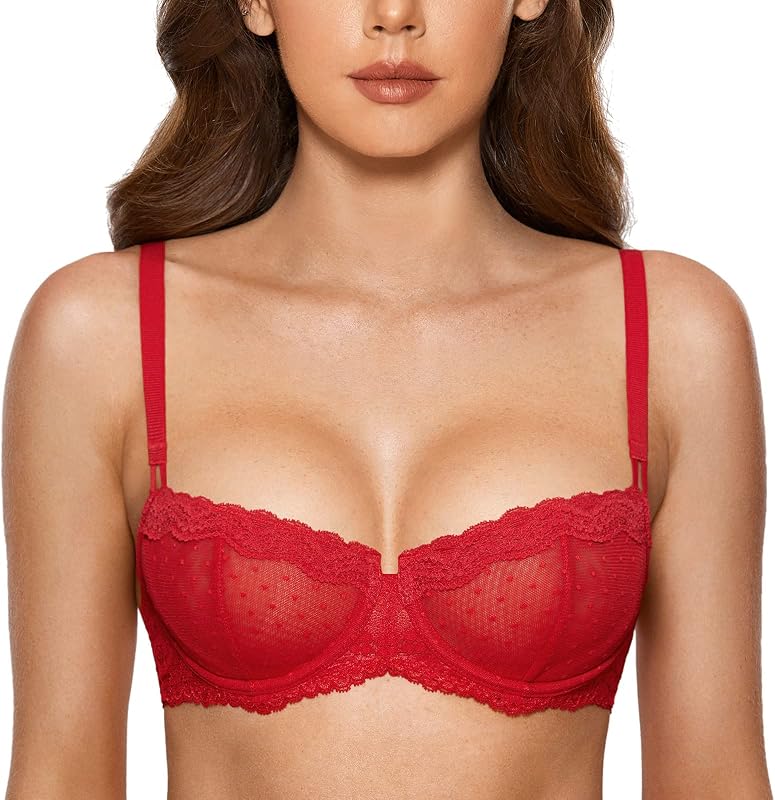 DOBREVA Women's Sheer Lace Bra Underwire Balconette | Dotted Mesh, Lace Trim, Unlined, Double Mesh Layer Cup, Convertible Straps, Sexy